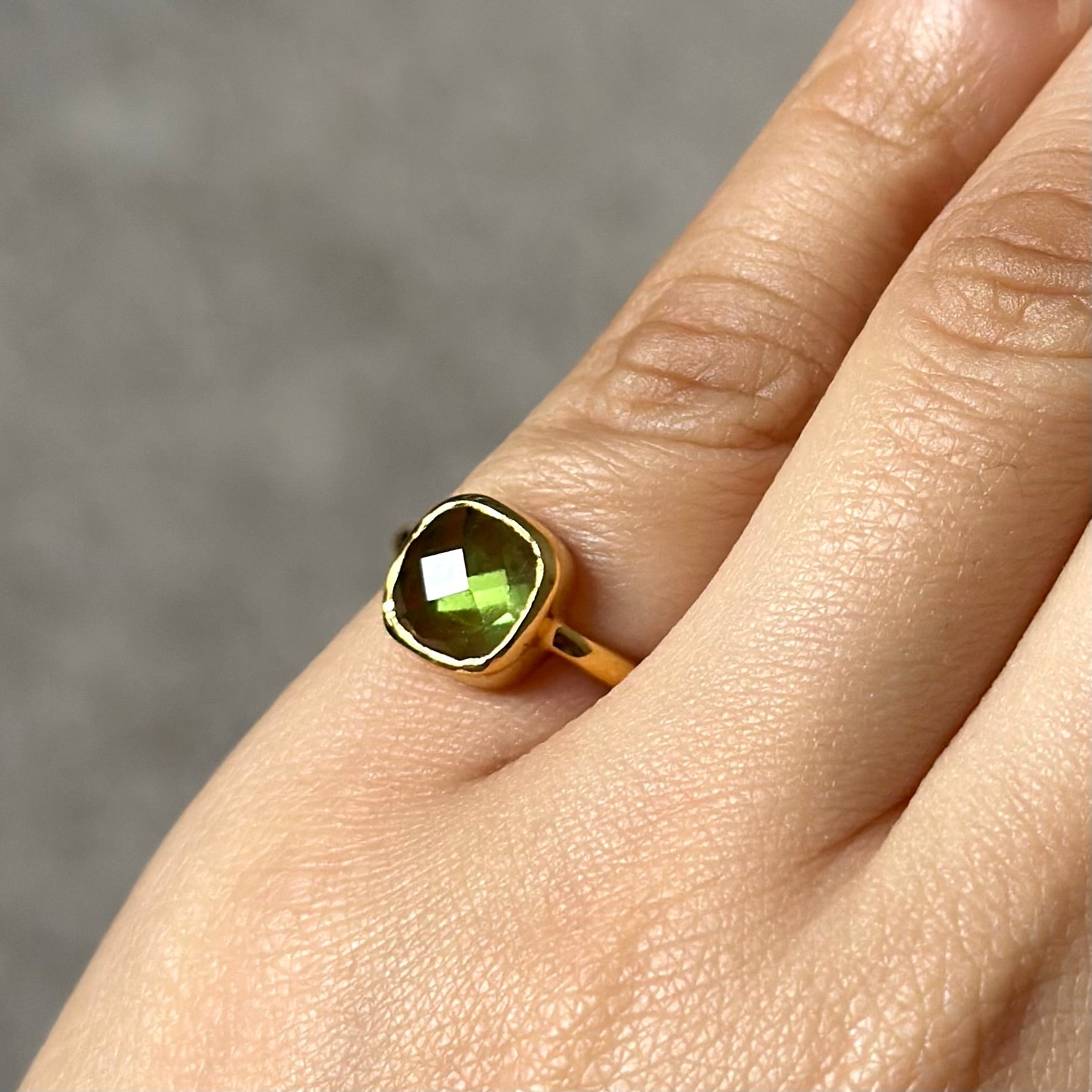 Faceted Square Cut Natural Gemstone Gold Plated Sterling Silver Solitaire Ring - Peridot