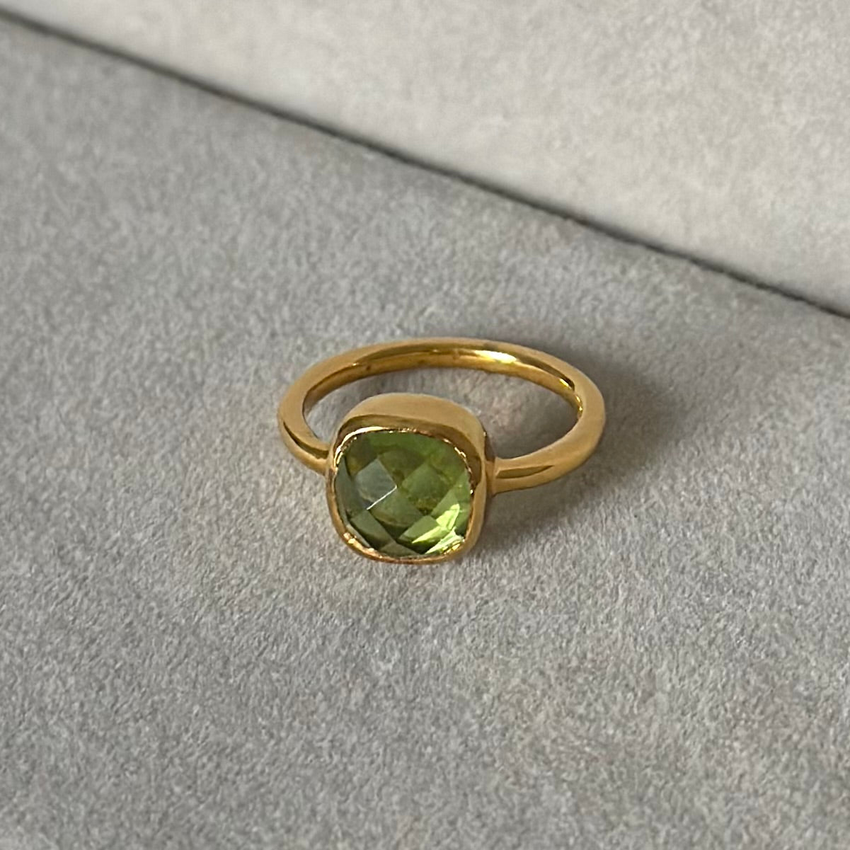 Faceted Square Cut Natural Gemstone Gold Plated Sterling Silver Solitaire Ring - Peridot