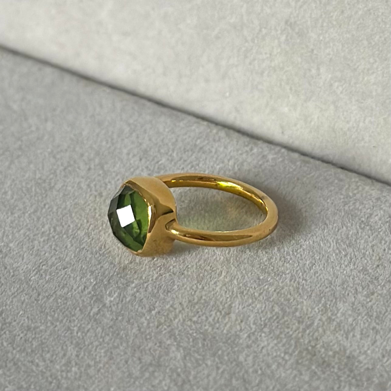 Faceted Square Cut Natural Gemstone Gold Plated Sterling Silver Solitaire Ring - Peridot