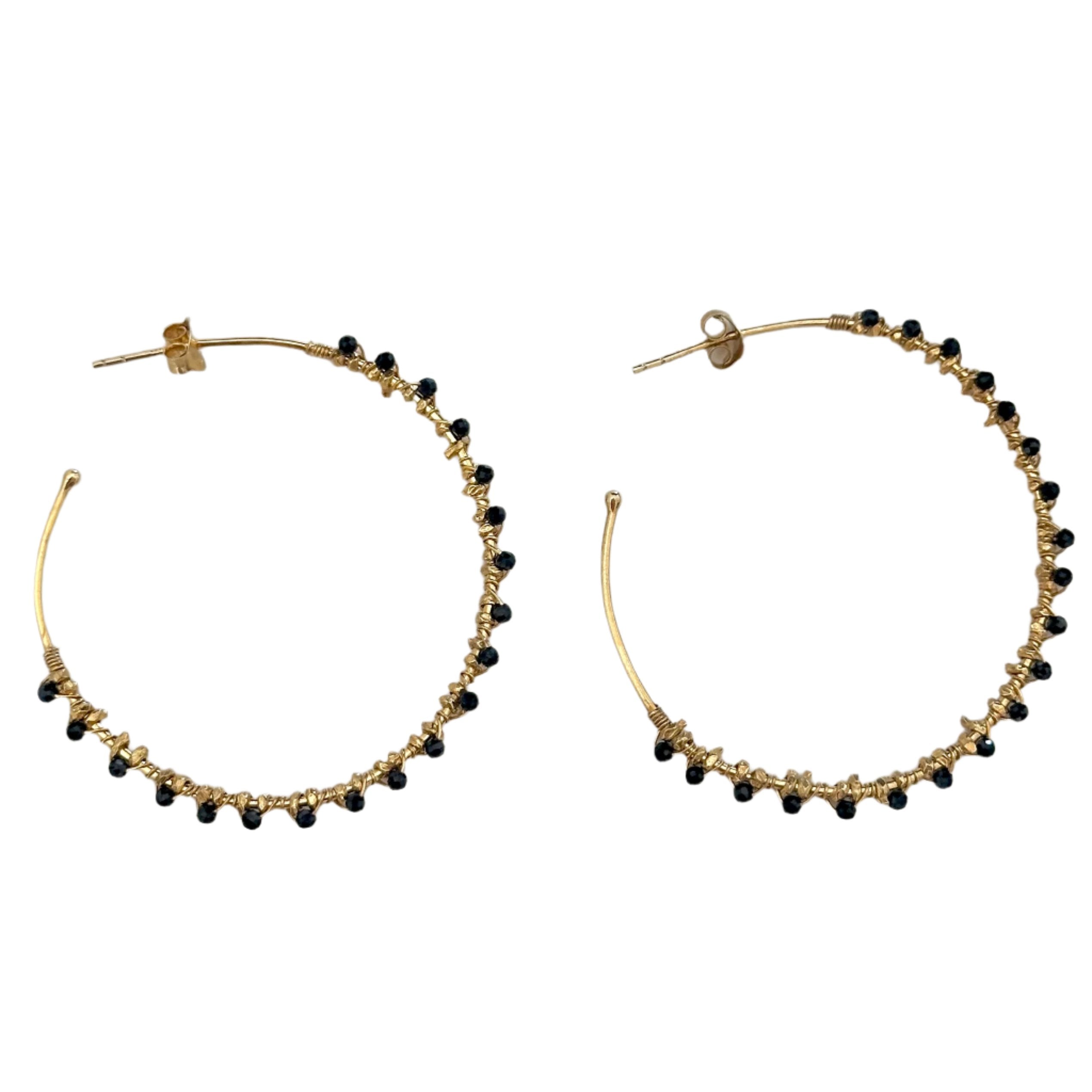 Large Hoop Earrings in Gold Plated Sterling Silver with Black Spinel Gemstone