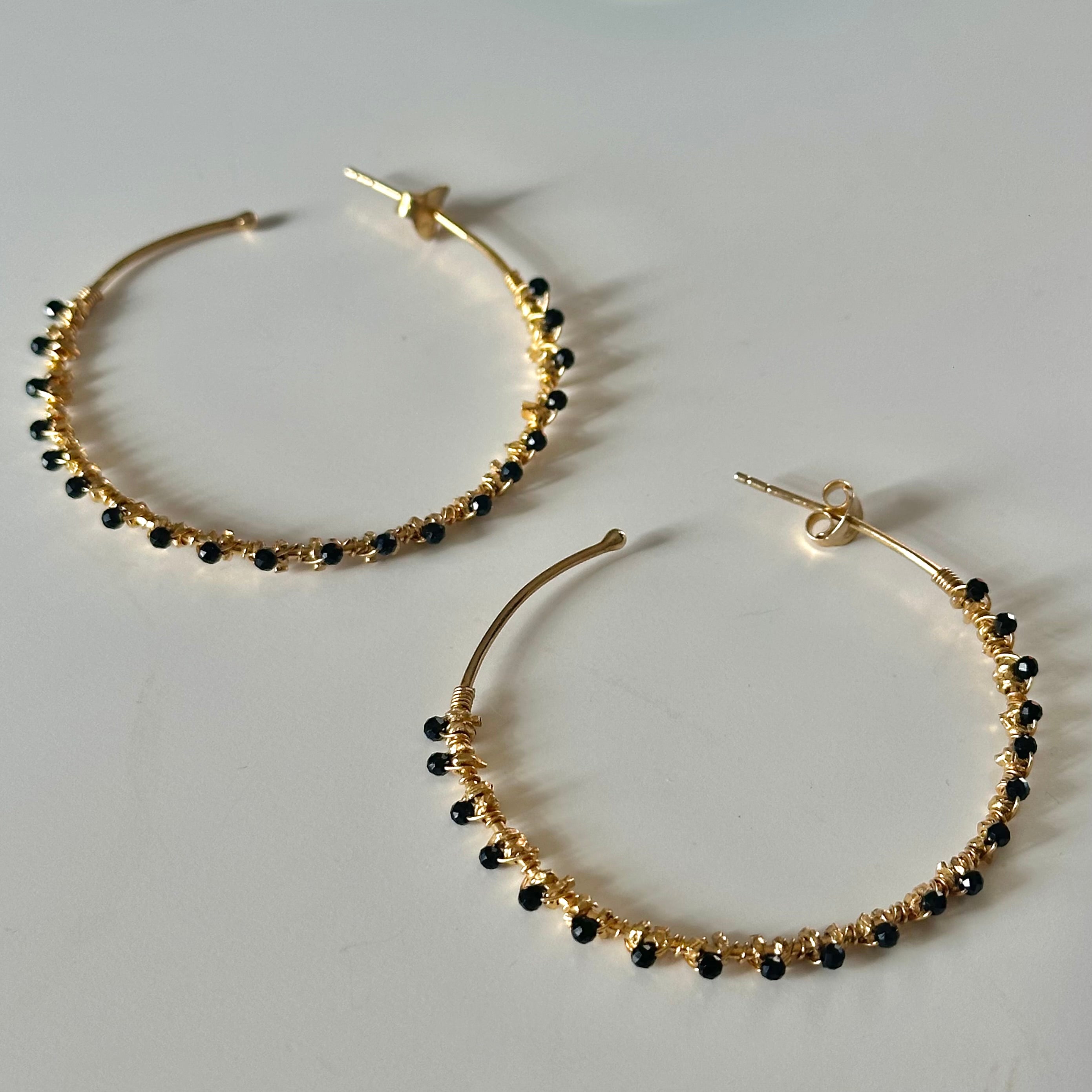 Large Hoop Earrings in Gold Plated Sterling Silver with Black Spinel Gemstone