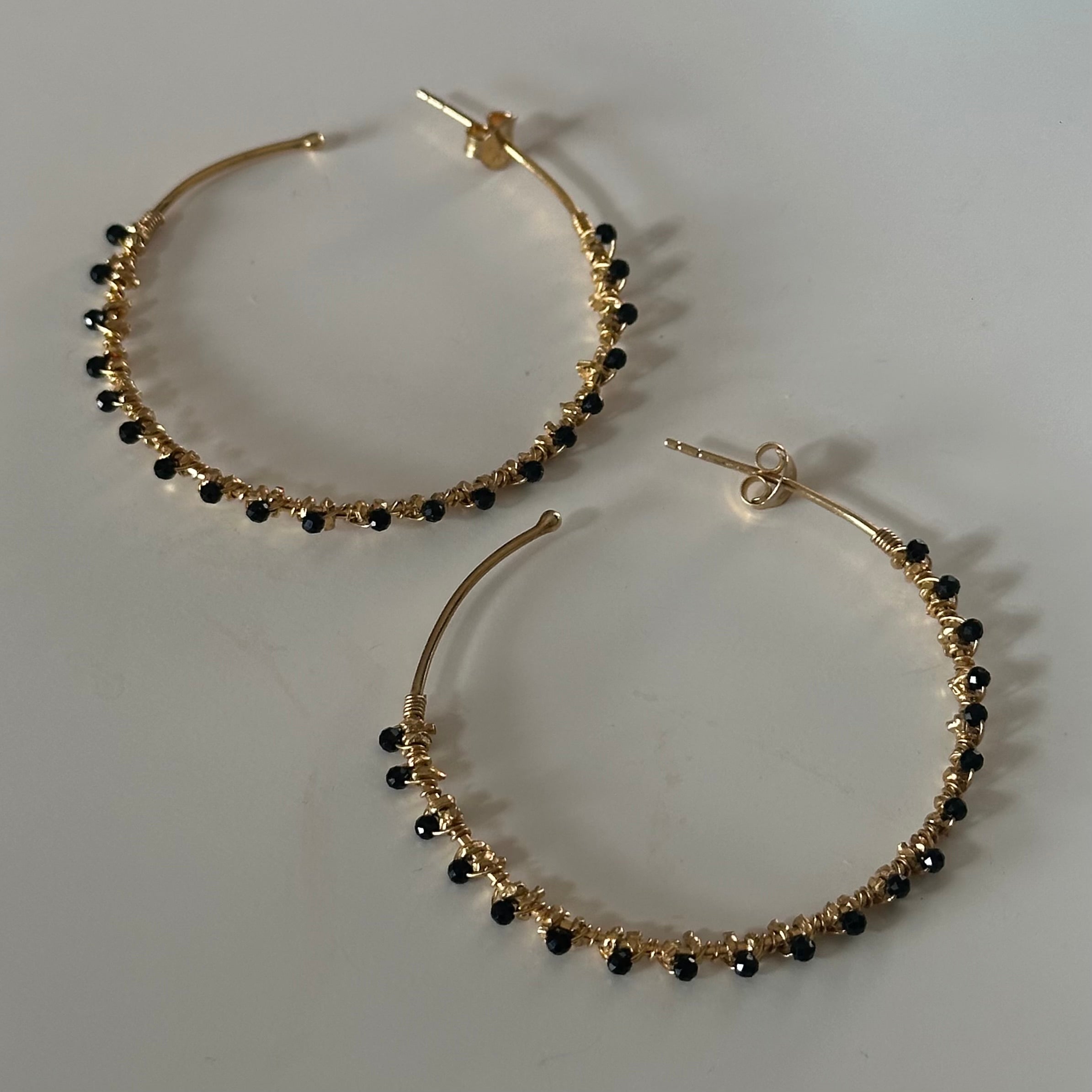 Large Hoop Earrings in Gold Plated Sterling Silver with Black Spinel Gemstone