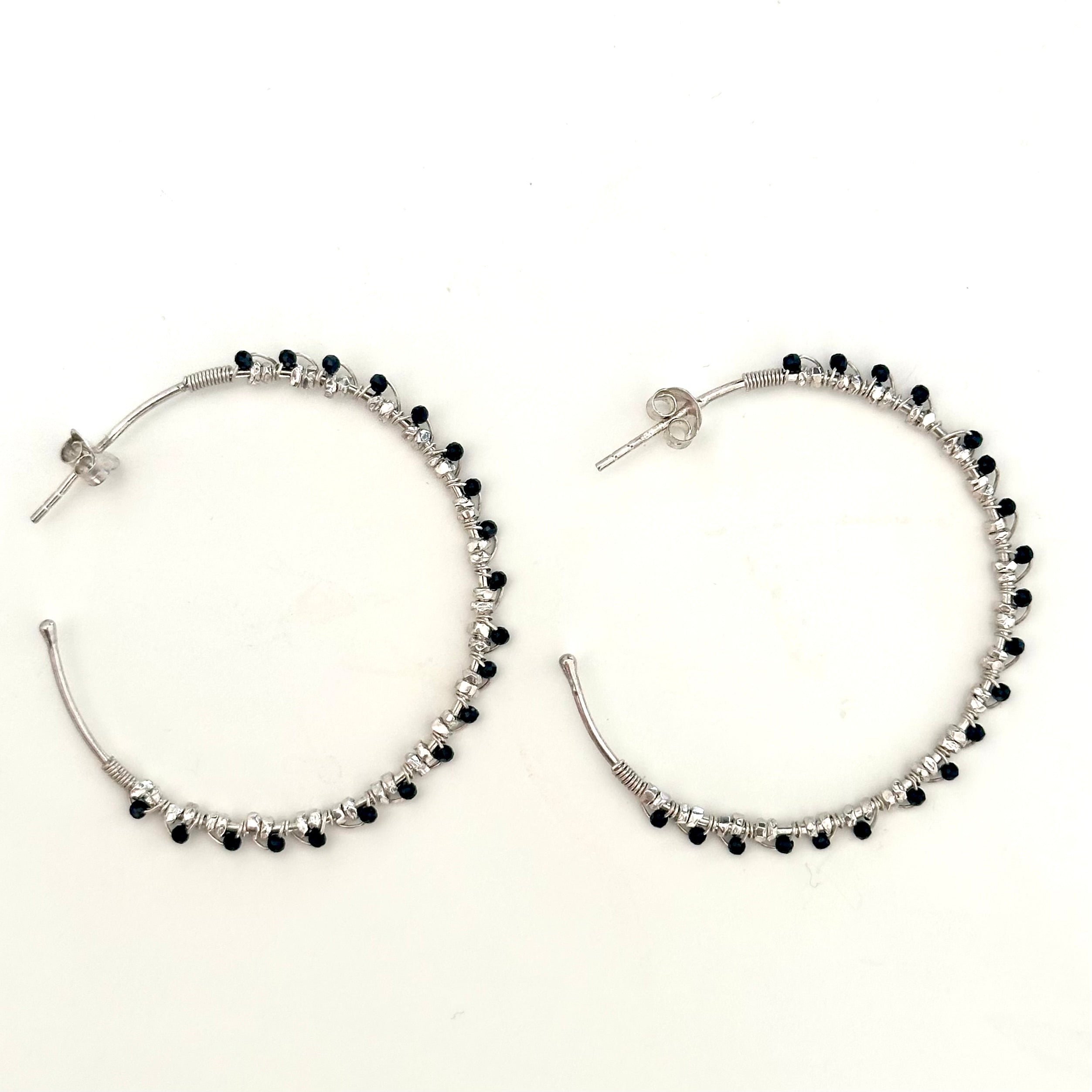 Large Hoop Earrings in Sterling Silver with Black Spinel Gemstone