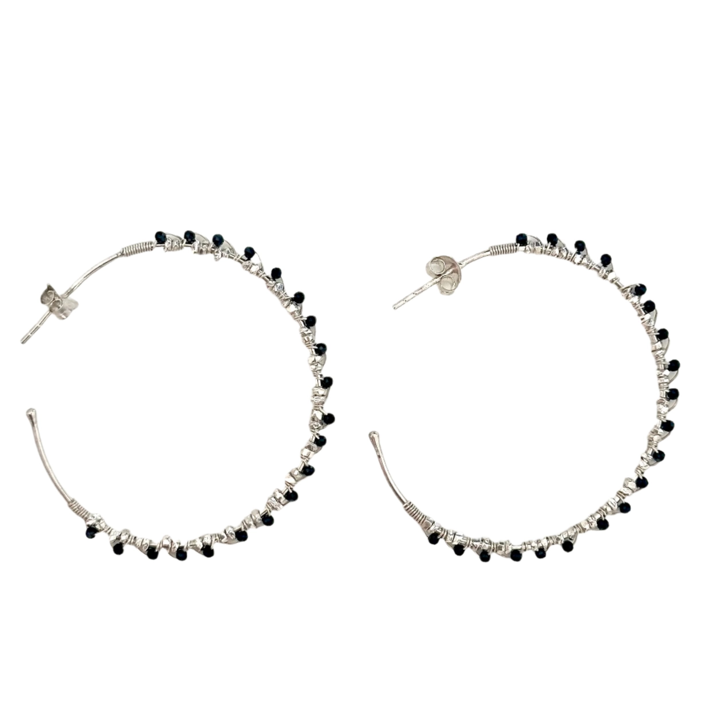 Large Hoop Earrings in Sterling Silver with Black Spinel Gemstone