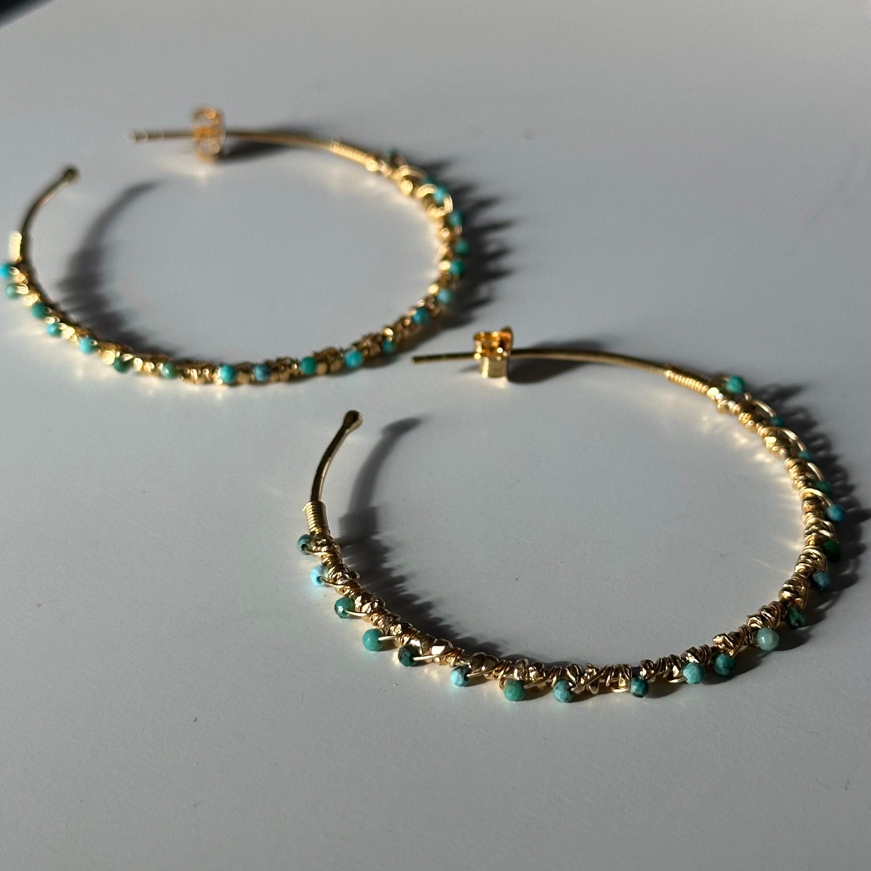 Large Hoop Earrings in Gold Plated Sterling Silver with Turquoise Gemstone