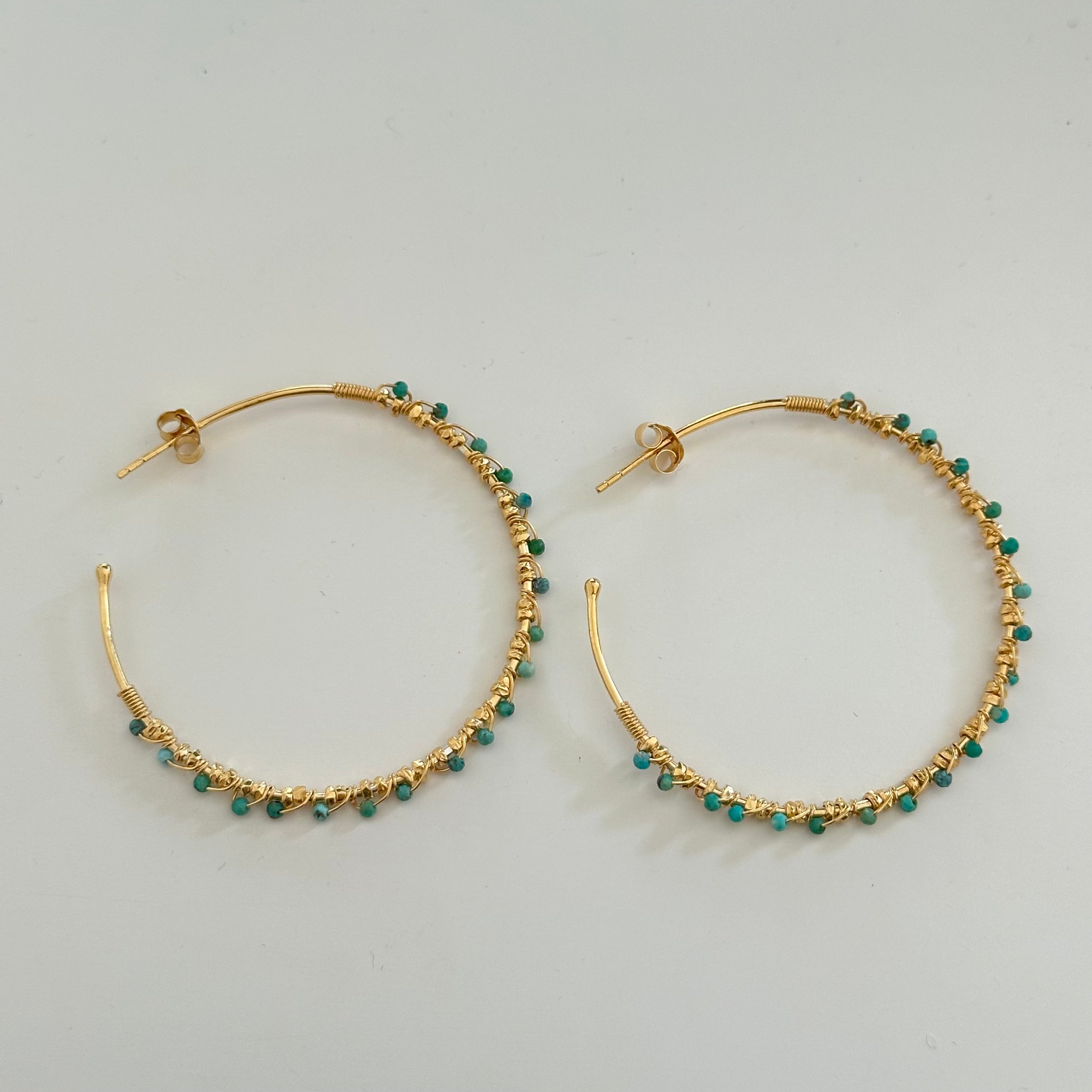 Large Hoop Earrings in Gold Plated Sterling Silver with Turquoise Gemstone