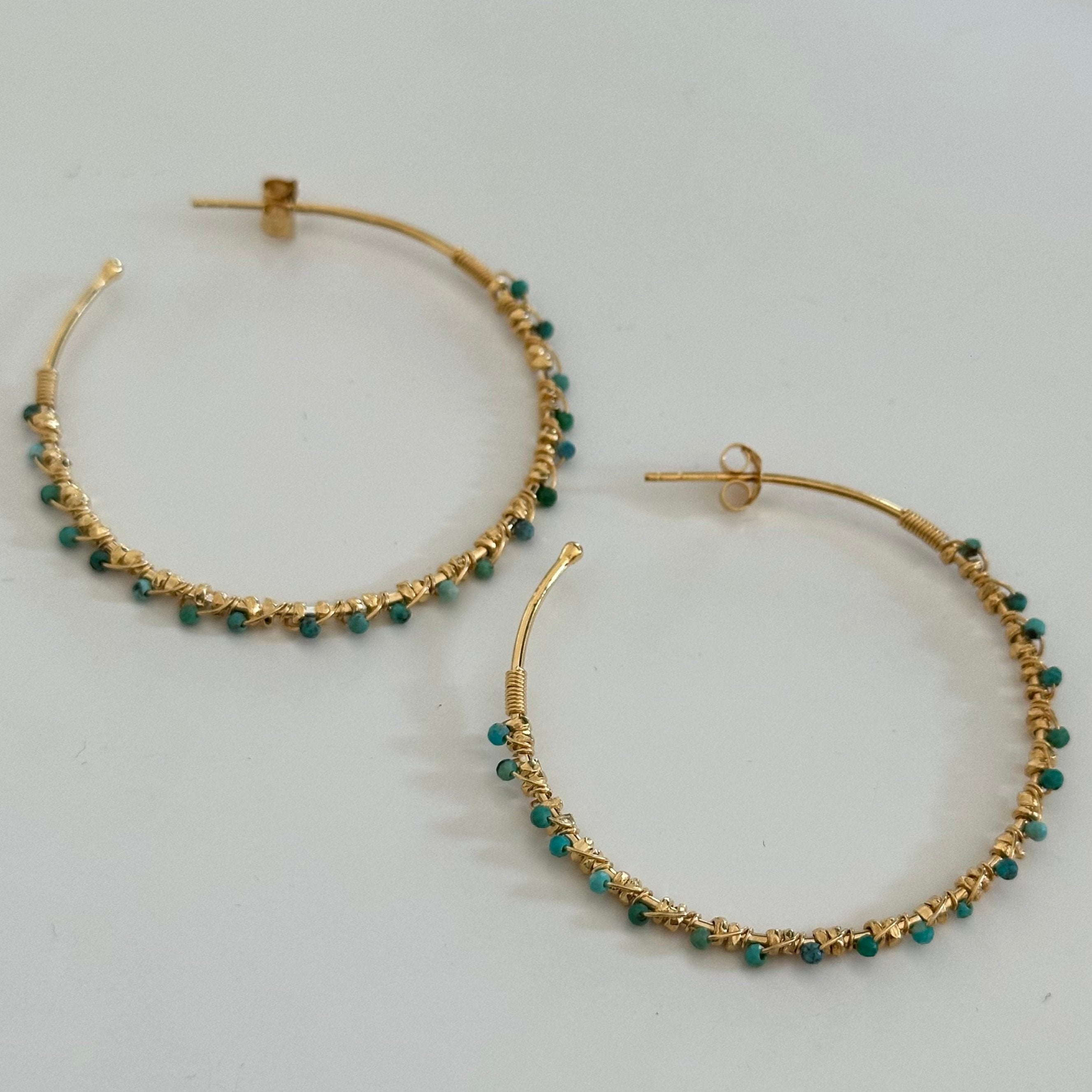 Large Hoop Earrings in Gold Plated Sterling Silver with Turquoise Gemstone