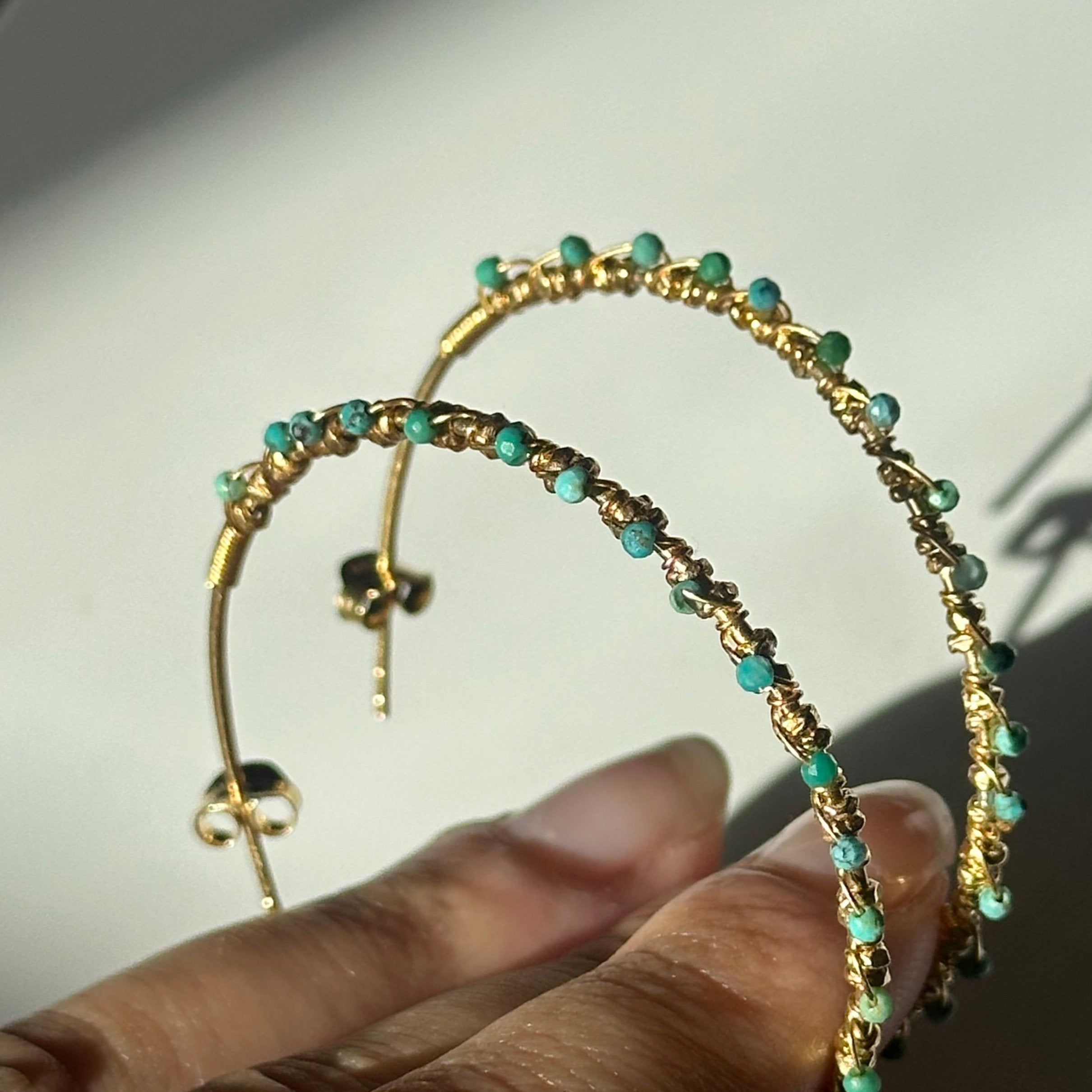 Large Hoop Earrings in Gold Plated Sterling Silver with Turquoise Gemstone