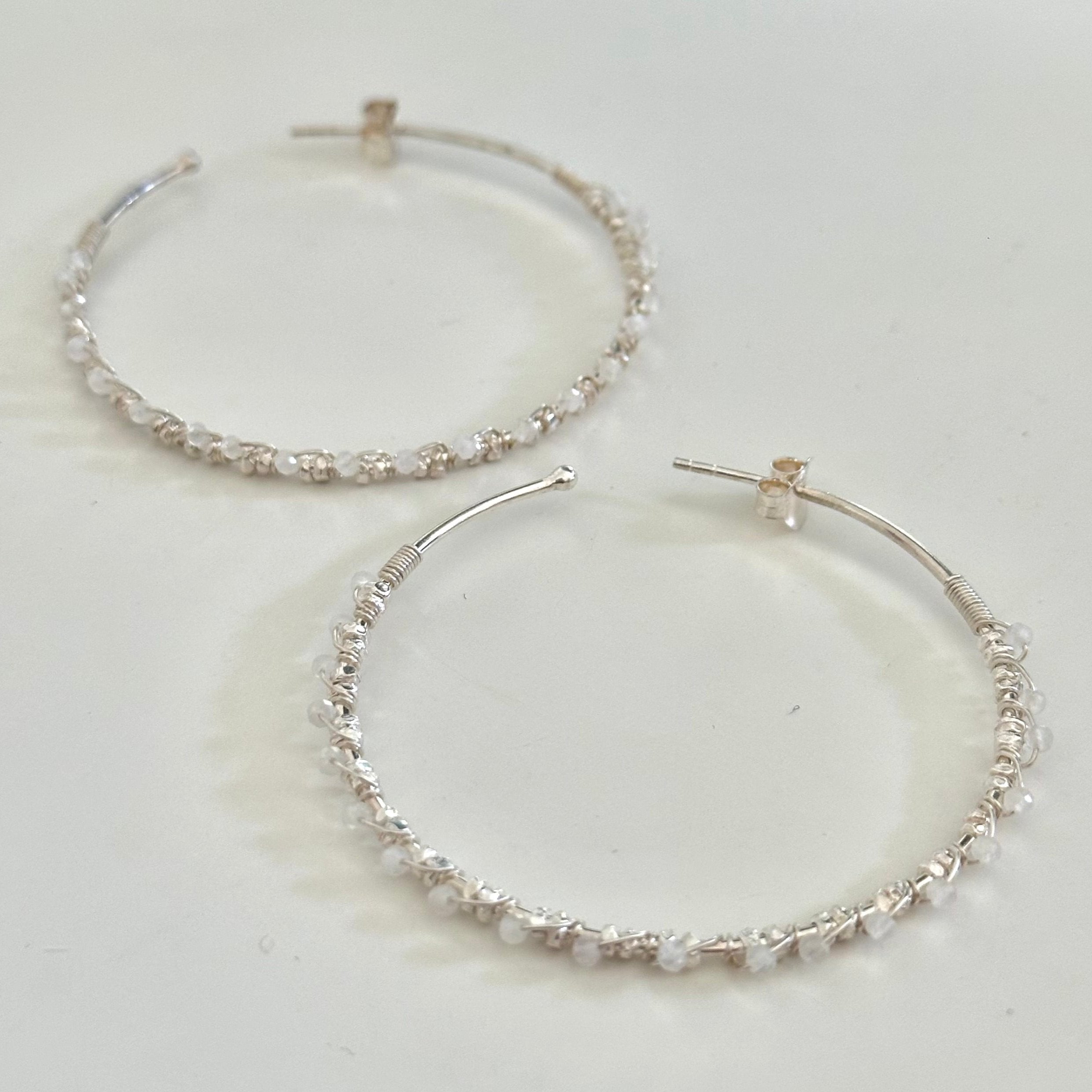 Large Hoop Earrings in Sterling Silver with Moonstone Gemstone