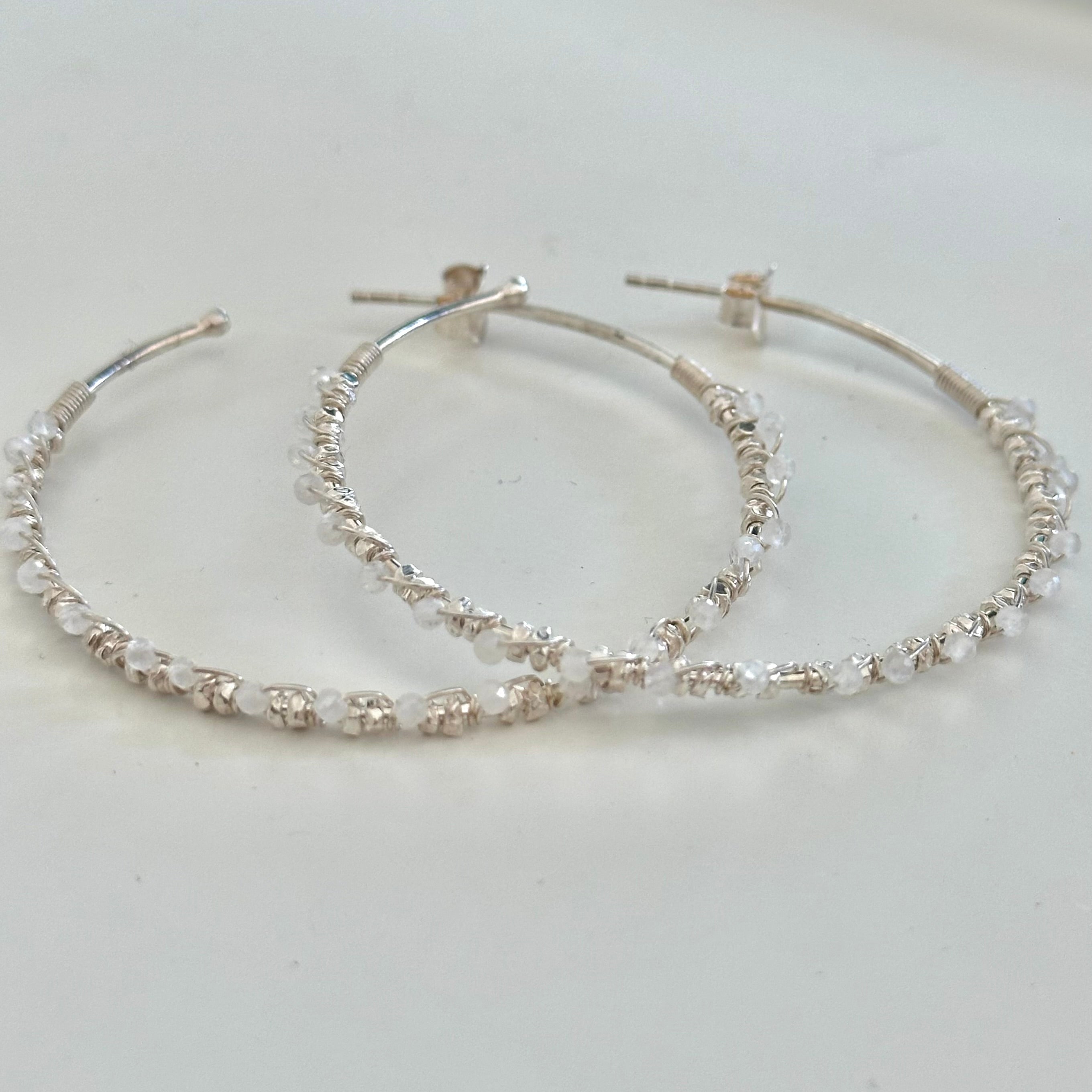 Large Hoop Earrings in Sterling Silver with Moonstone Gemstone