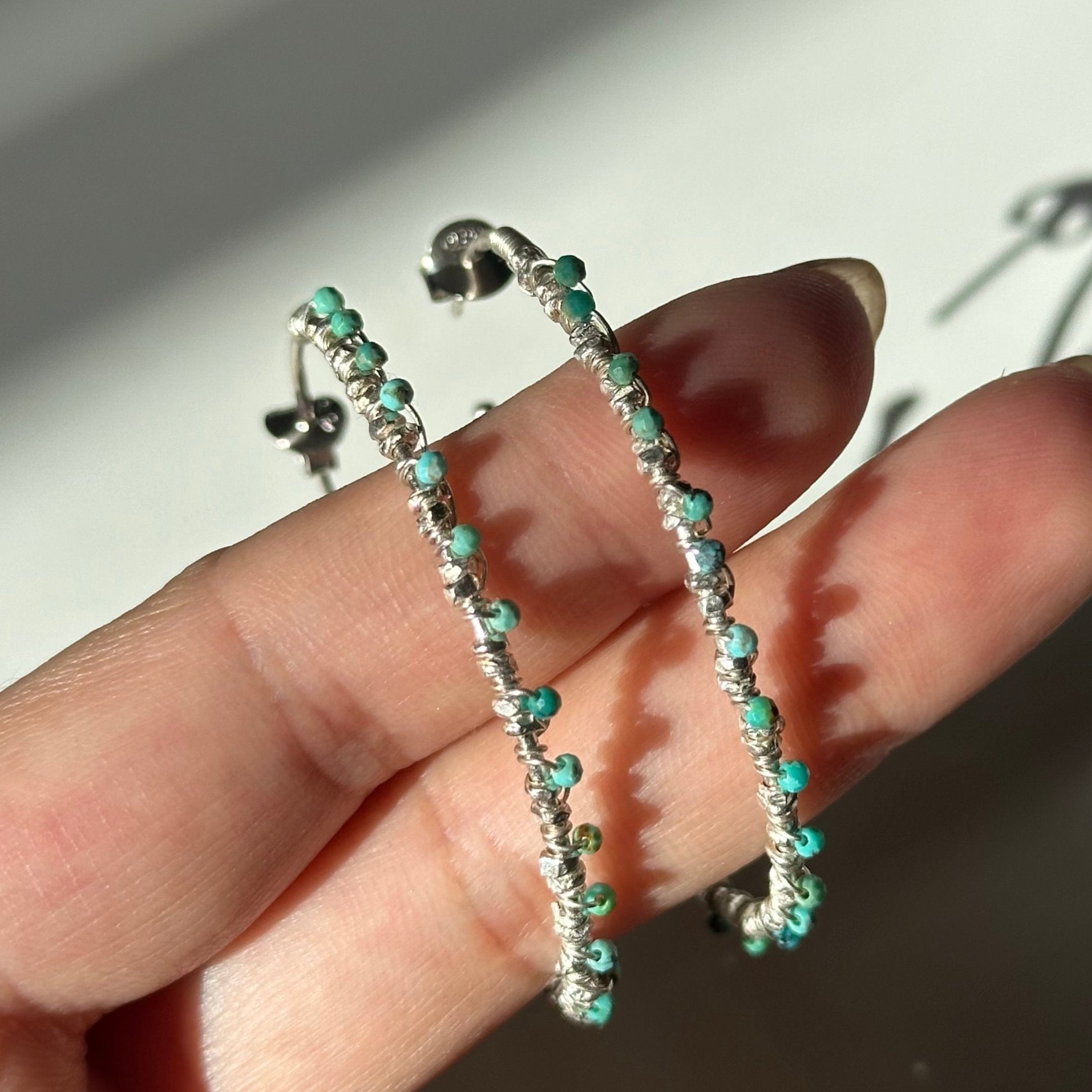 Large Hoop Earrings in Sterling Silver with Turquoise Gemstone - Milina London 