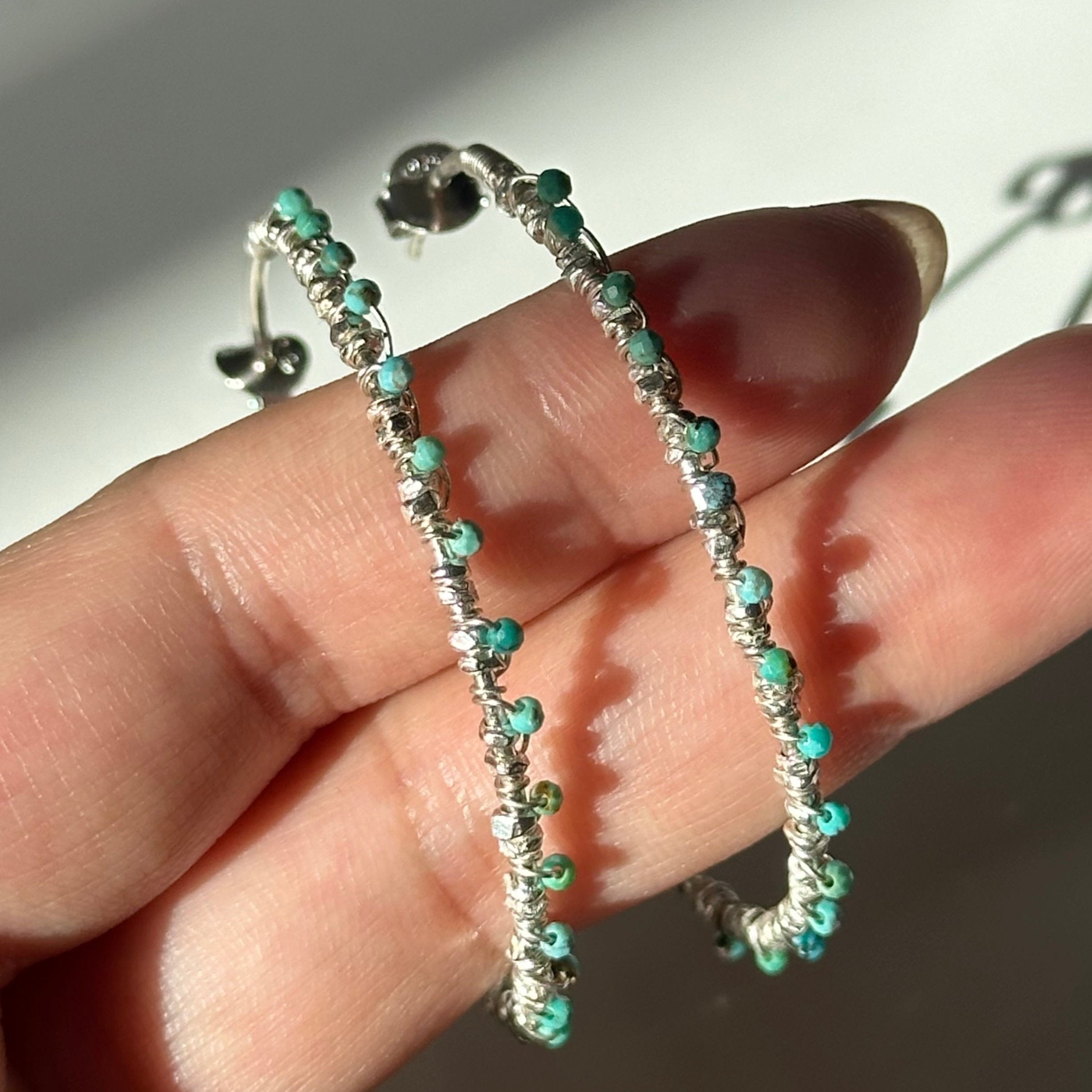 Large Hoop Earrings in Sterling Silver with Turquoise Gemstone - Milina London 