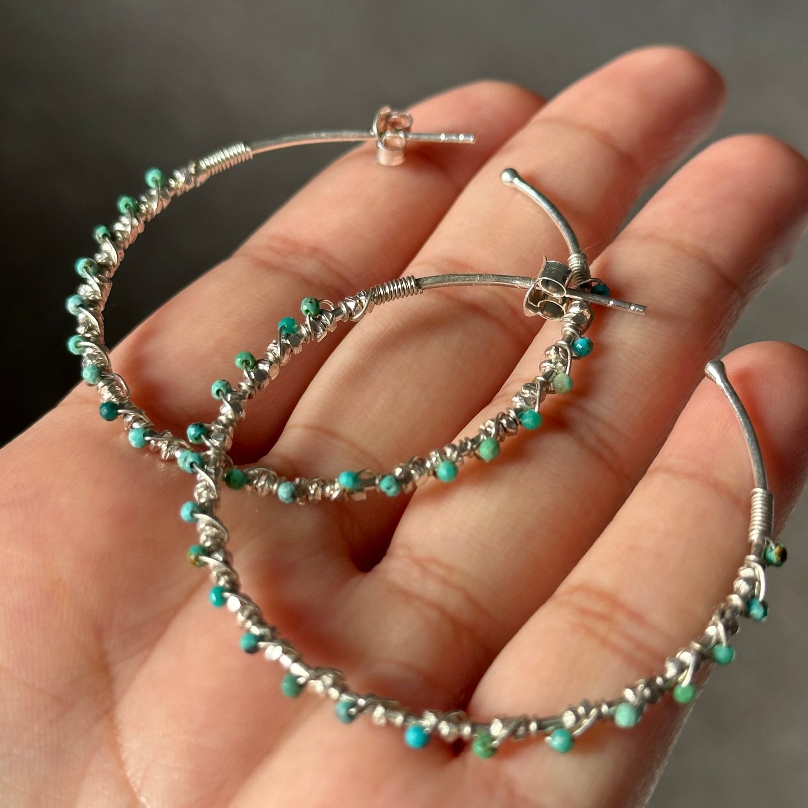 Large Hoop Earrings in Sterling Silver with Turquoise Gemstone - Milina London 