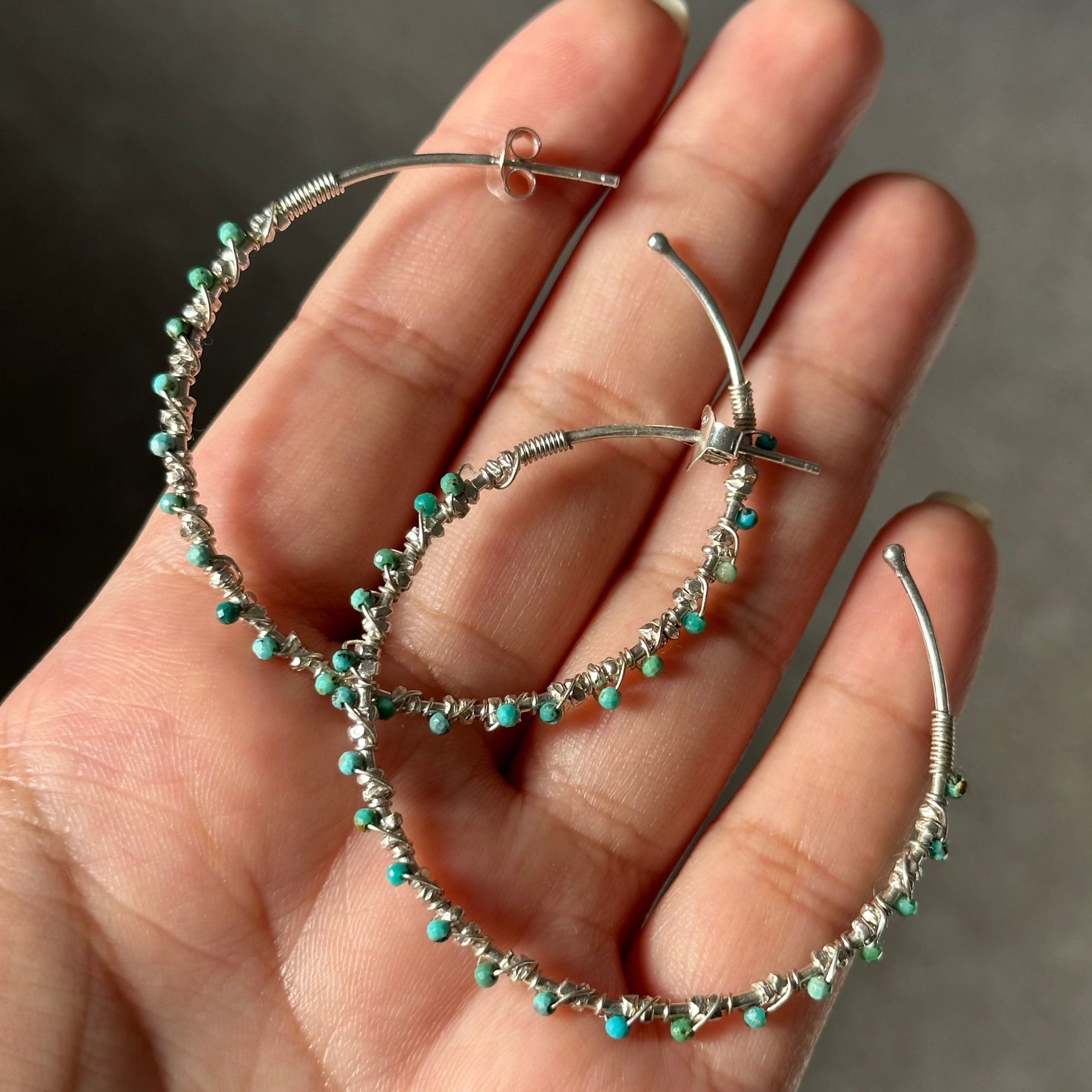 Large Hoop Earrings in Sterling Silver with Turquoise Gemstone - Milina London 