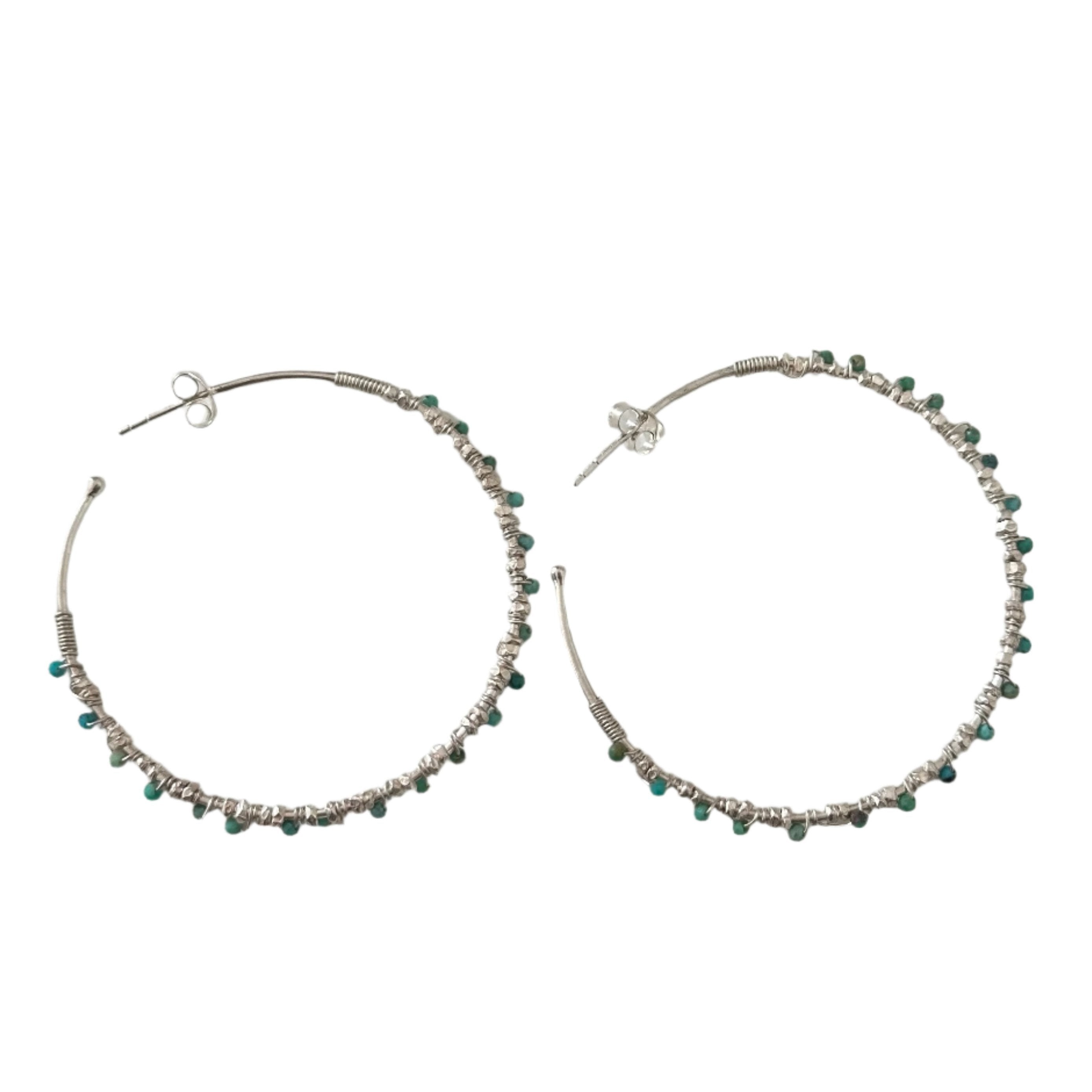 Large Hoop Earrings in Sterling Silver with Turquoise Gemstone - Milina London 