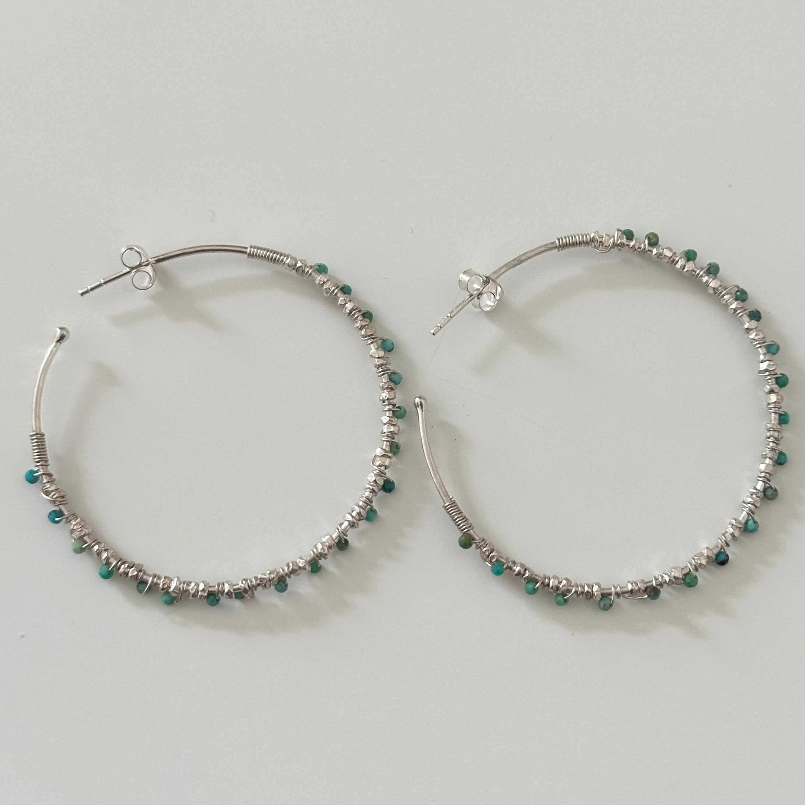 Large Hoop Earrings in Sterling Silver with Turquoise Gemstone - Milina London 