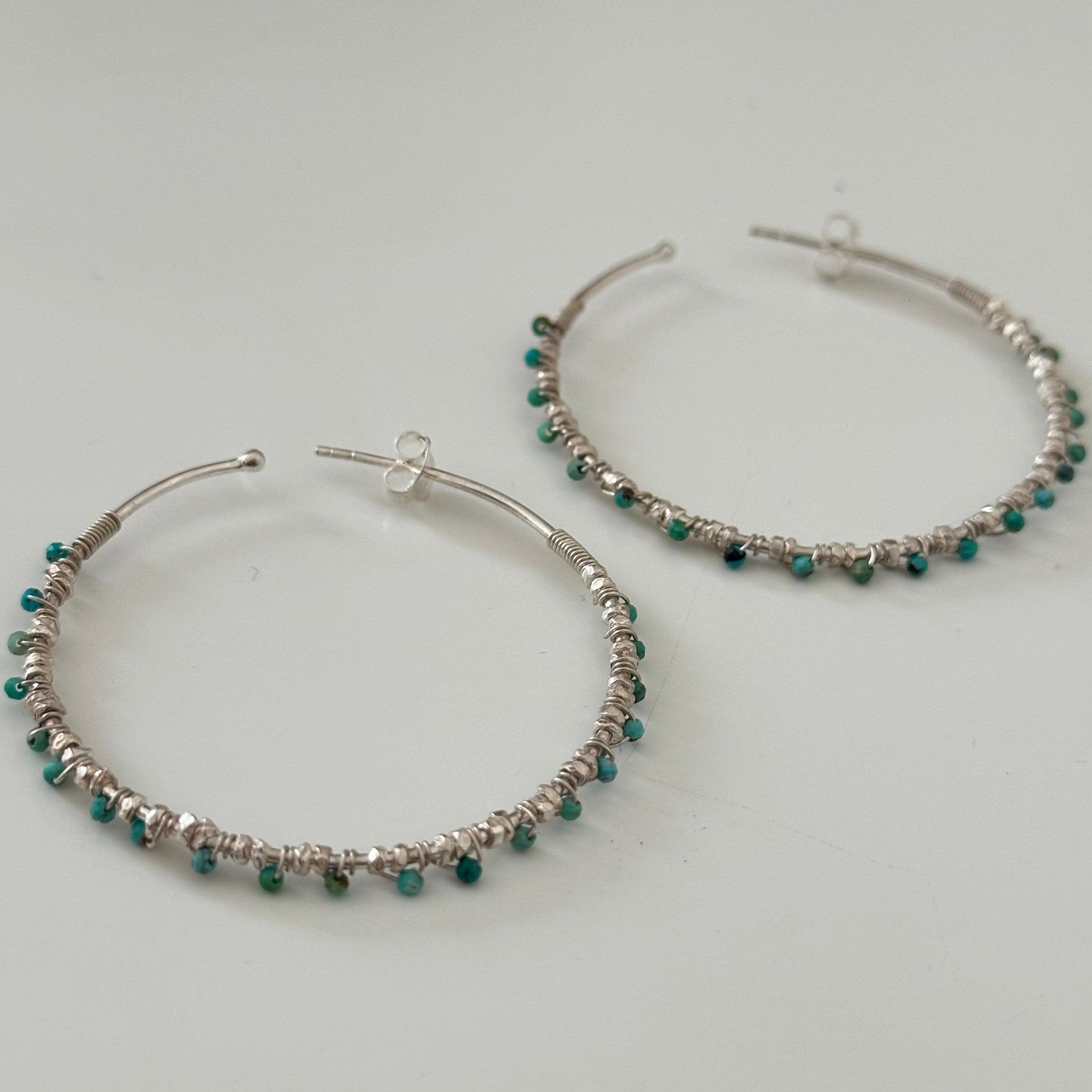 Large Hoop Earrings in Sterling Silver with Turquoise Gemstone - Milina London 