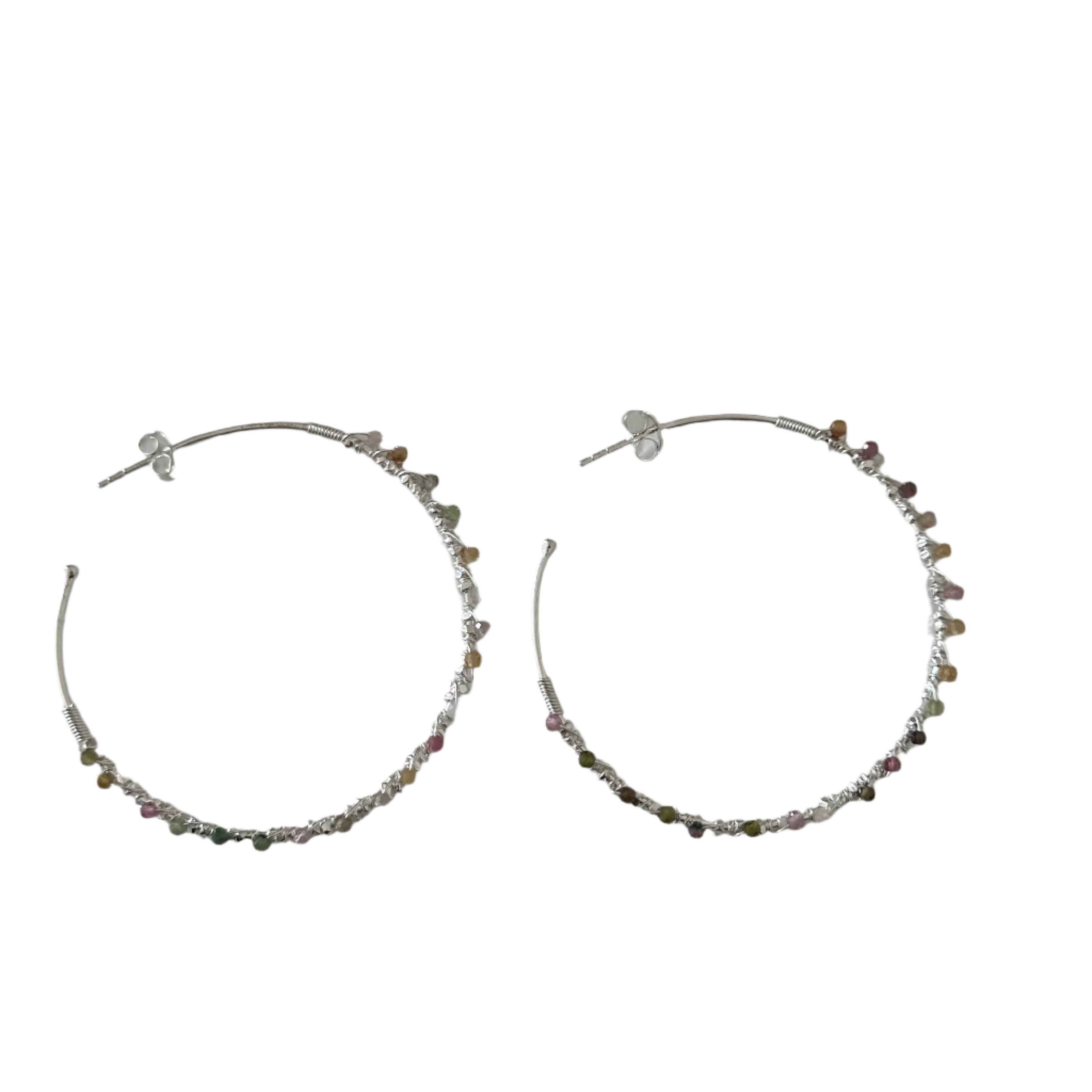 Large Hoop Earrings in Sterling Silver with Tourmaline Gemstone - Milina London