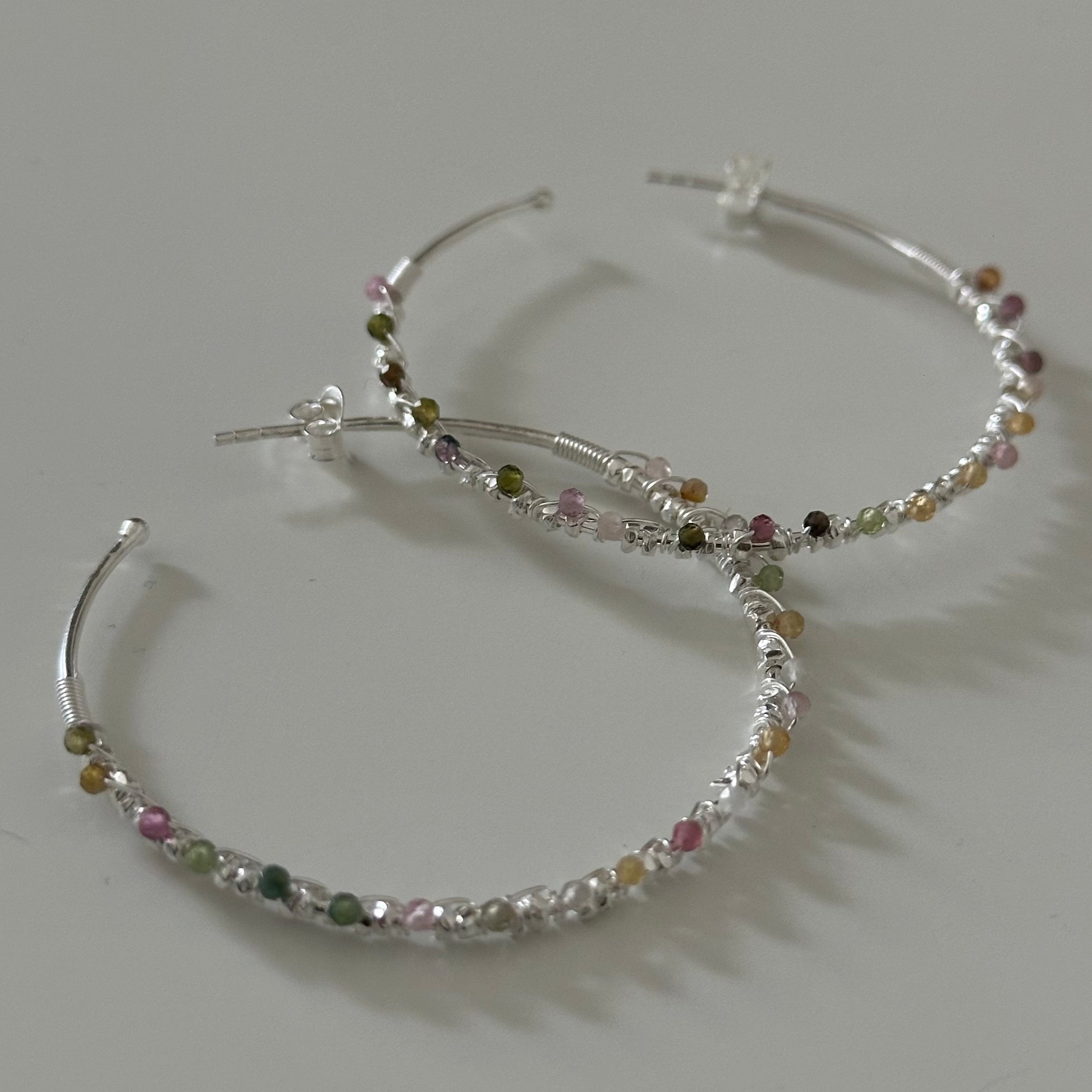 Large Hoop Earrings in Sterling Silver with Tourmaline Gemstone - Milina London
