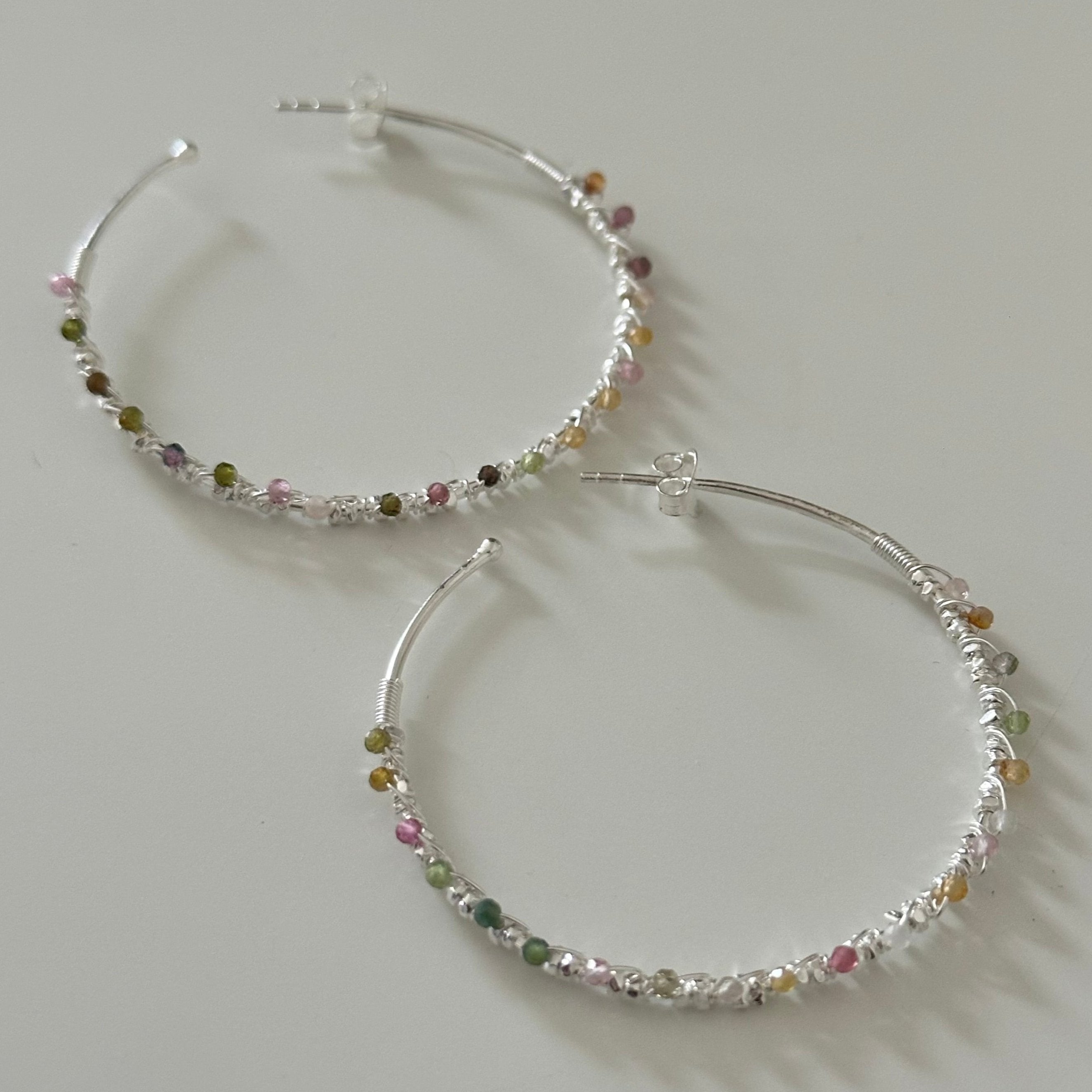 Large Hoop Earrings in Sterling Silver with Tourmaline Gemstone - Milina London