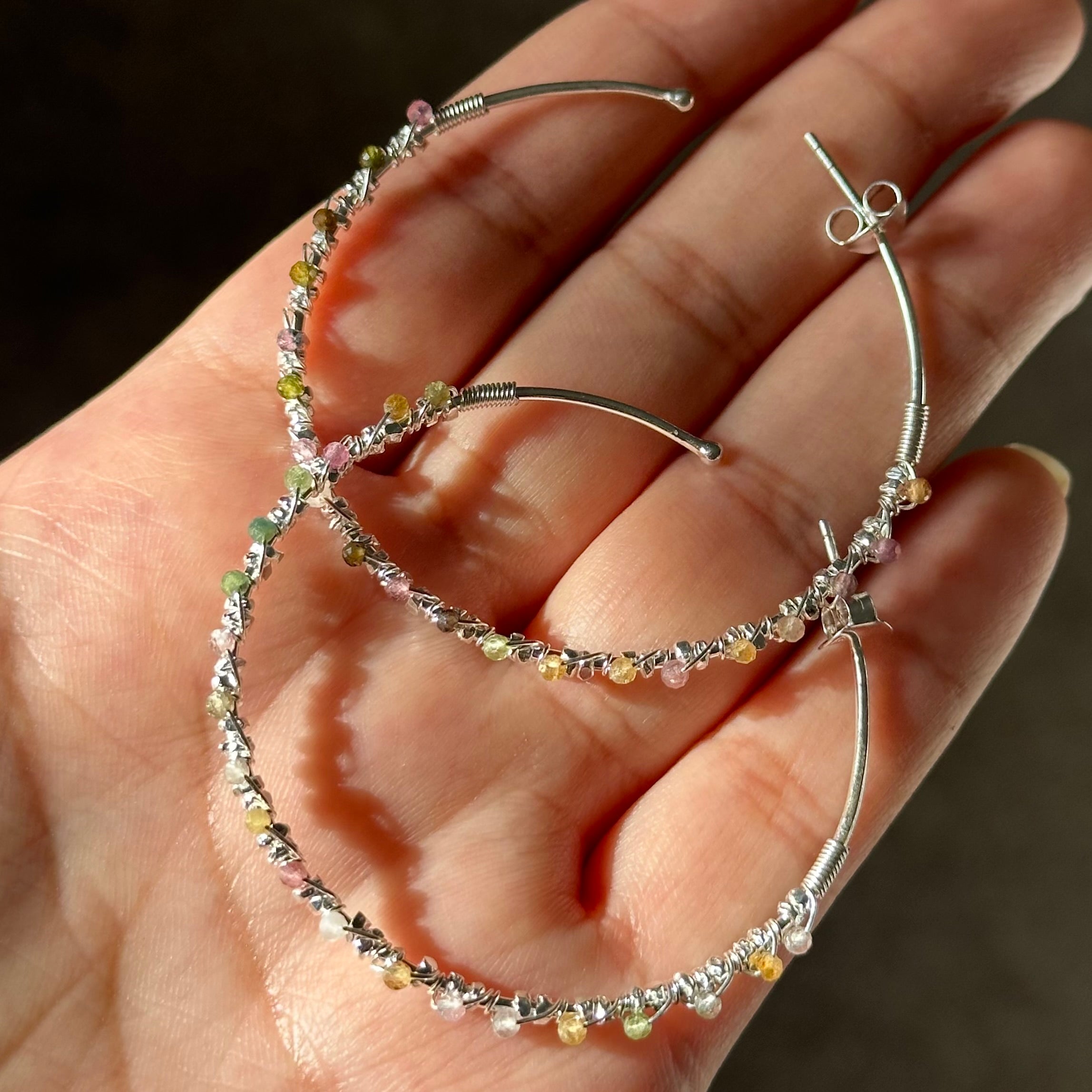 Large Hoop Earrings in Sterling Silver with Tourmaline Gemstone - Milina London