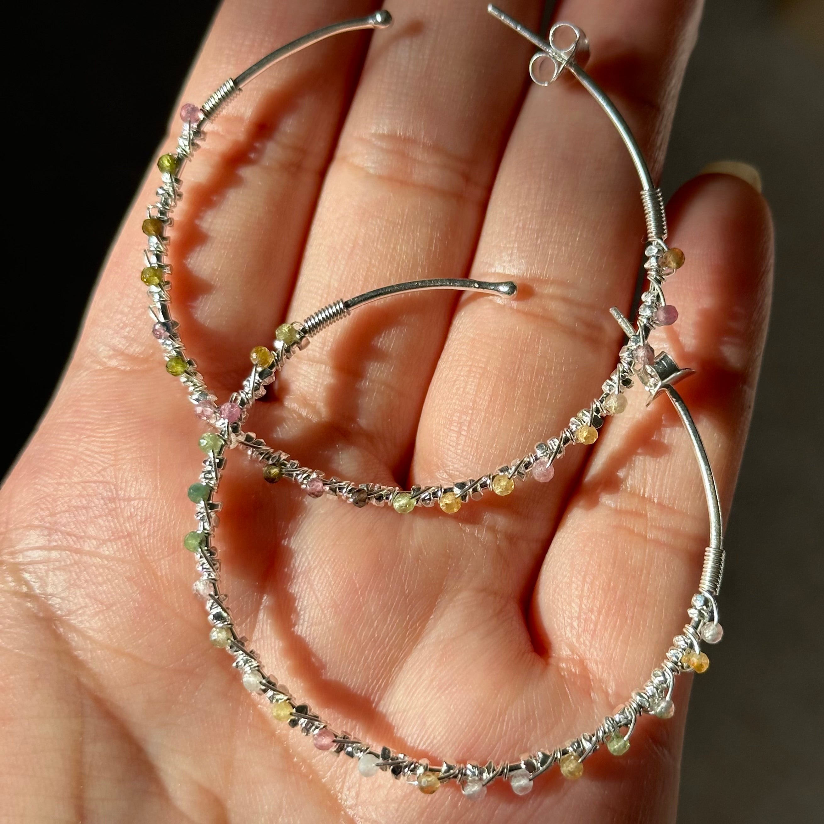 Large Hoop Earrings in Sterling Silver with Tourmaline Gemstone - Milina London