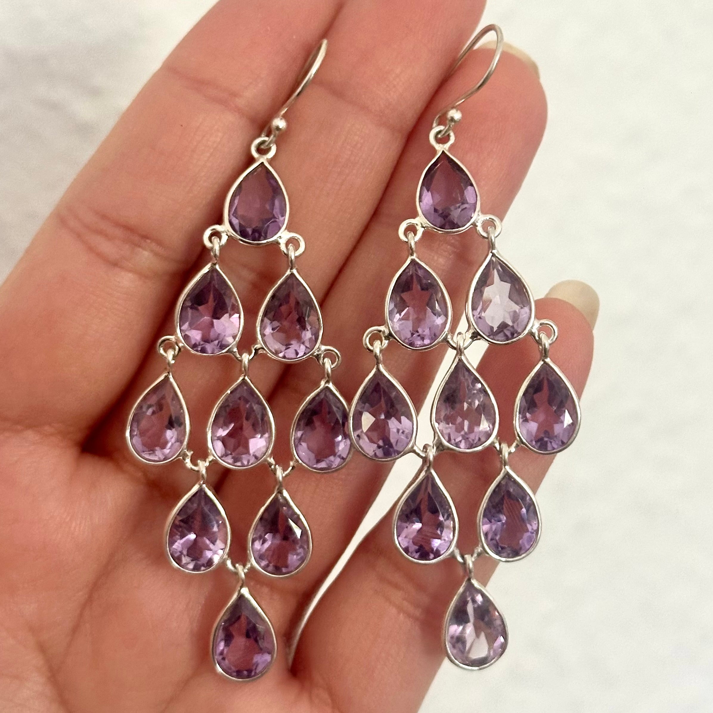 Sterling Silver Chandelier Earrings with Natural Gemstones  - Amethyst