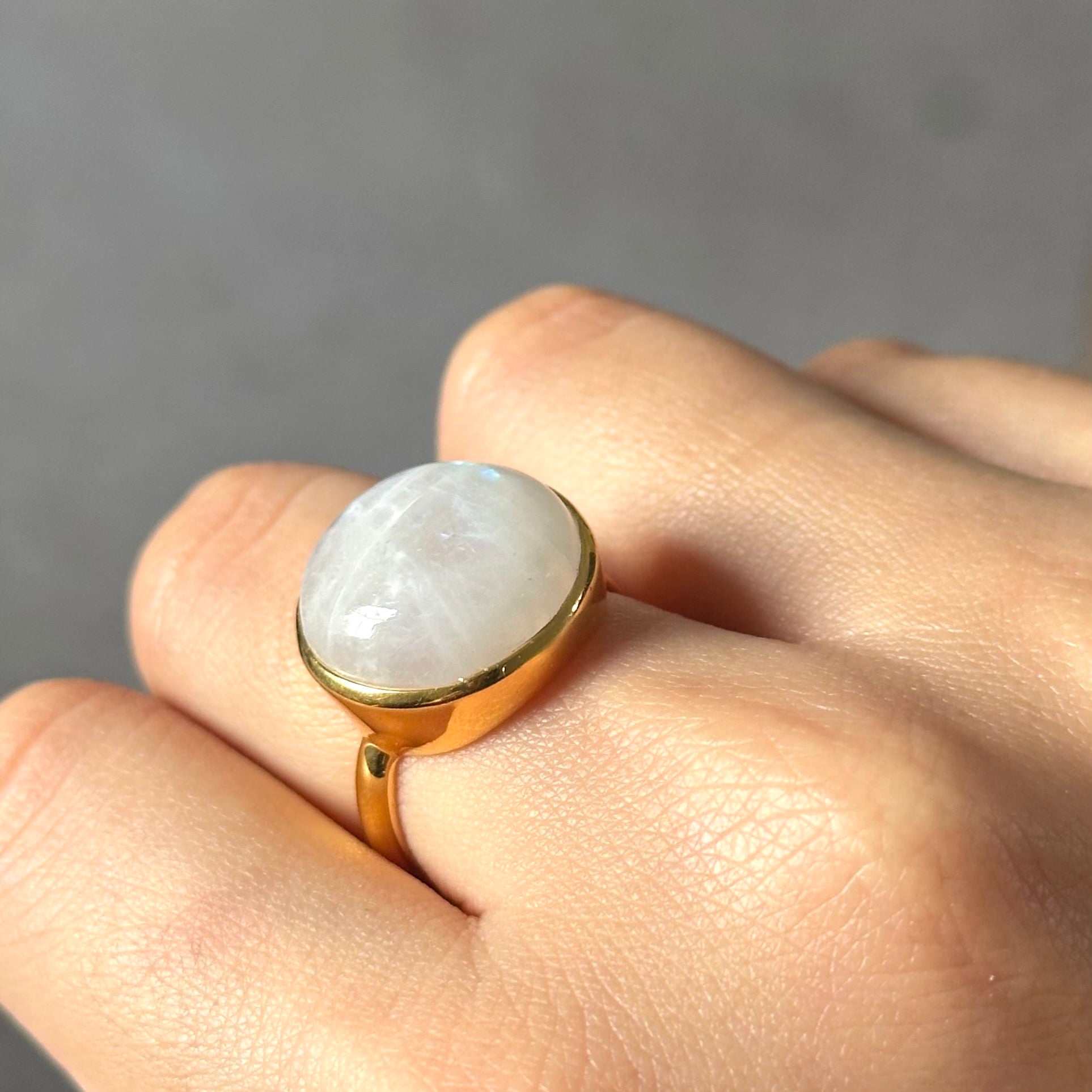 Cabochon Round Cut Natural Gemstone Gold Plated Sterling Silver Ring - Moonstone