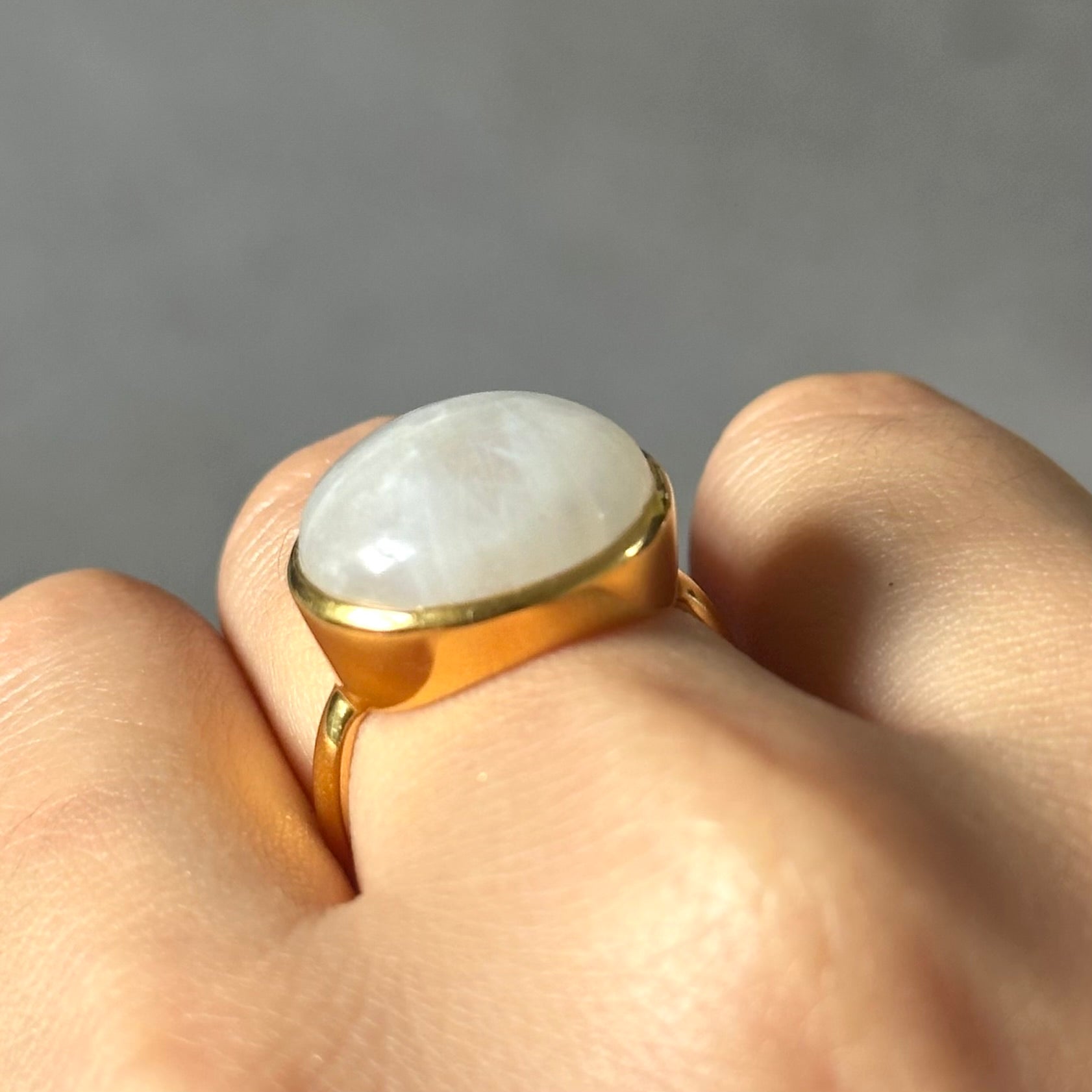 Cabochon Round Cut Natural Gemstone Gold Plated Sterling Silver Ring - Moonstone