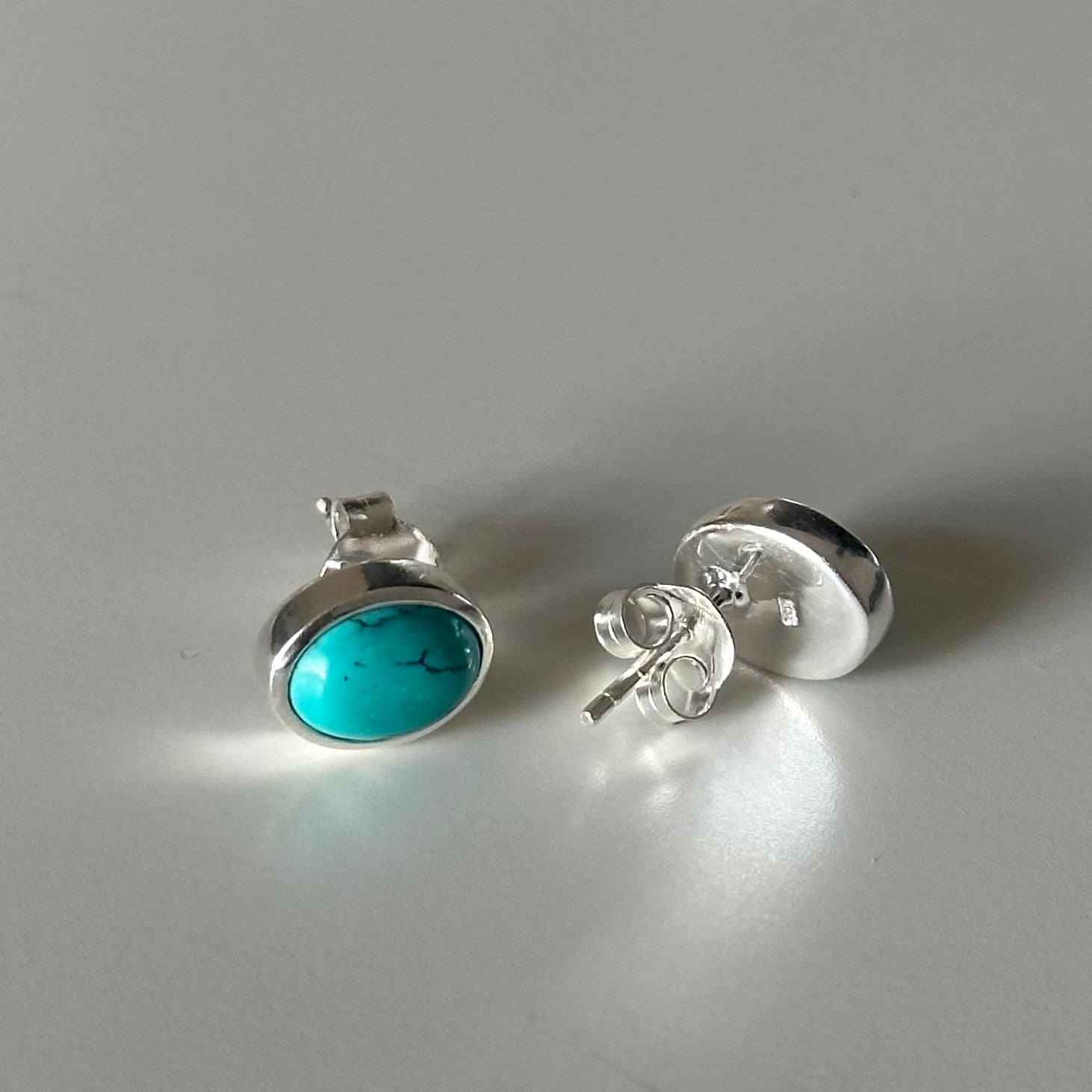 Sterling Silver Oval Stud Earrings with Cabochon Cut Turquoise Gemstone - Milina London