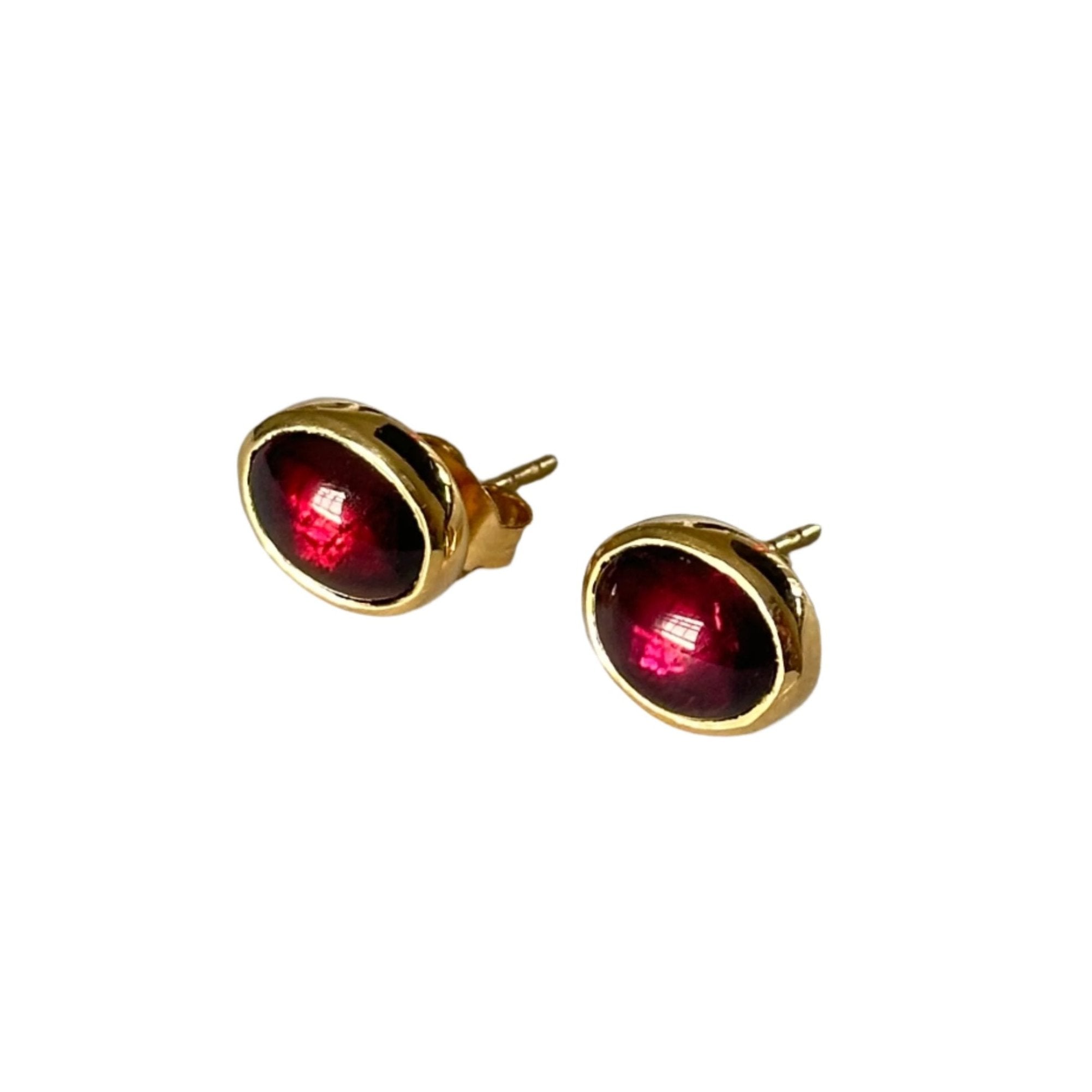 Gold Plated Sterling Silver Oval Stud Earrings with Cabochon Cut Garnet Gemstone - Milina London