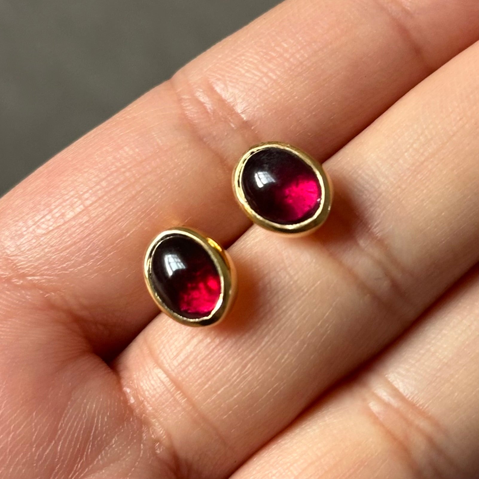 Gold Plated Sterling Silver Oval Stud Earrings with Cabochon Cut Garnet Gemstone - Milina London