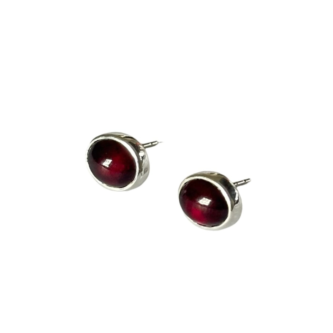 Sterling Silver Oval Stud Earrings with Cabochon Cut Garnet Gemstone - Milina London 