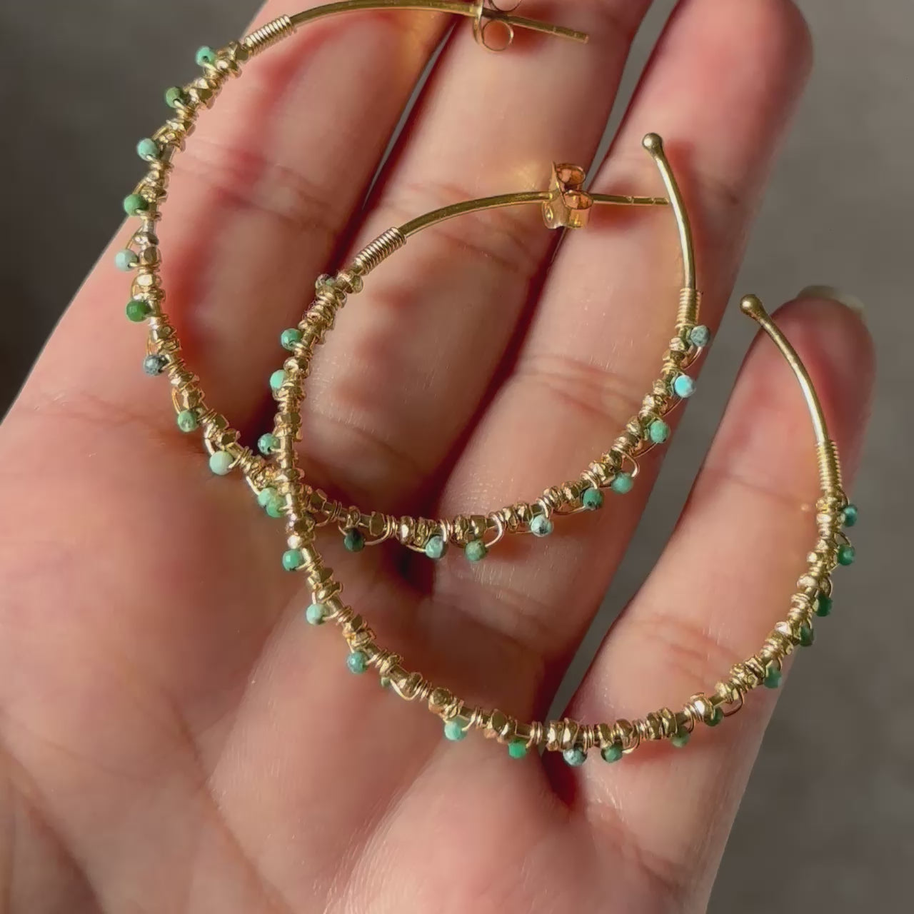 Large Hoop Earrings in Gold Plated Sterling Silver with Turquoise Gemstone