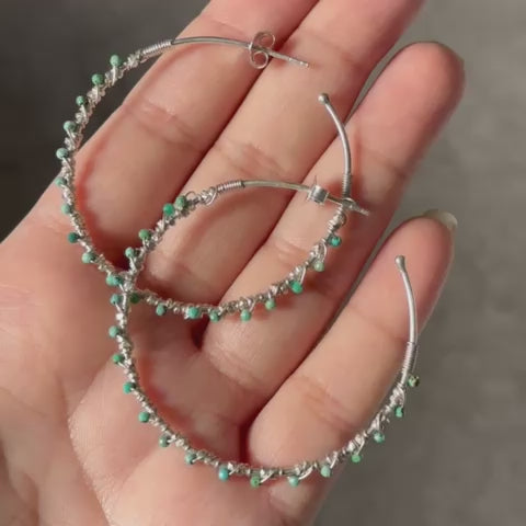 Large Hoop Earrings in Sterling Silver with Turquoise Gemstone