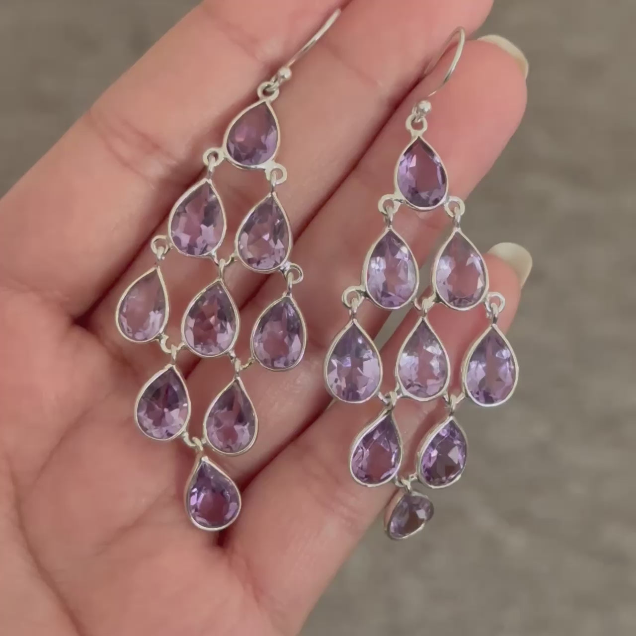 Sterling Silver Chandelier Earrings with Natural Gemstones  - Amethyst