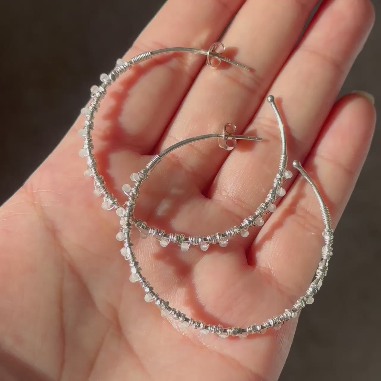 Large Hoop Earrings in Sterling Silver with Moonstone Gemstone