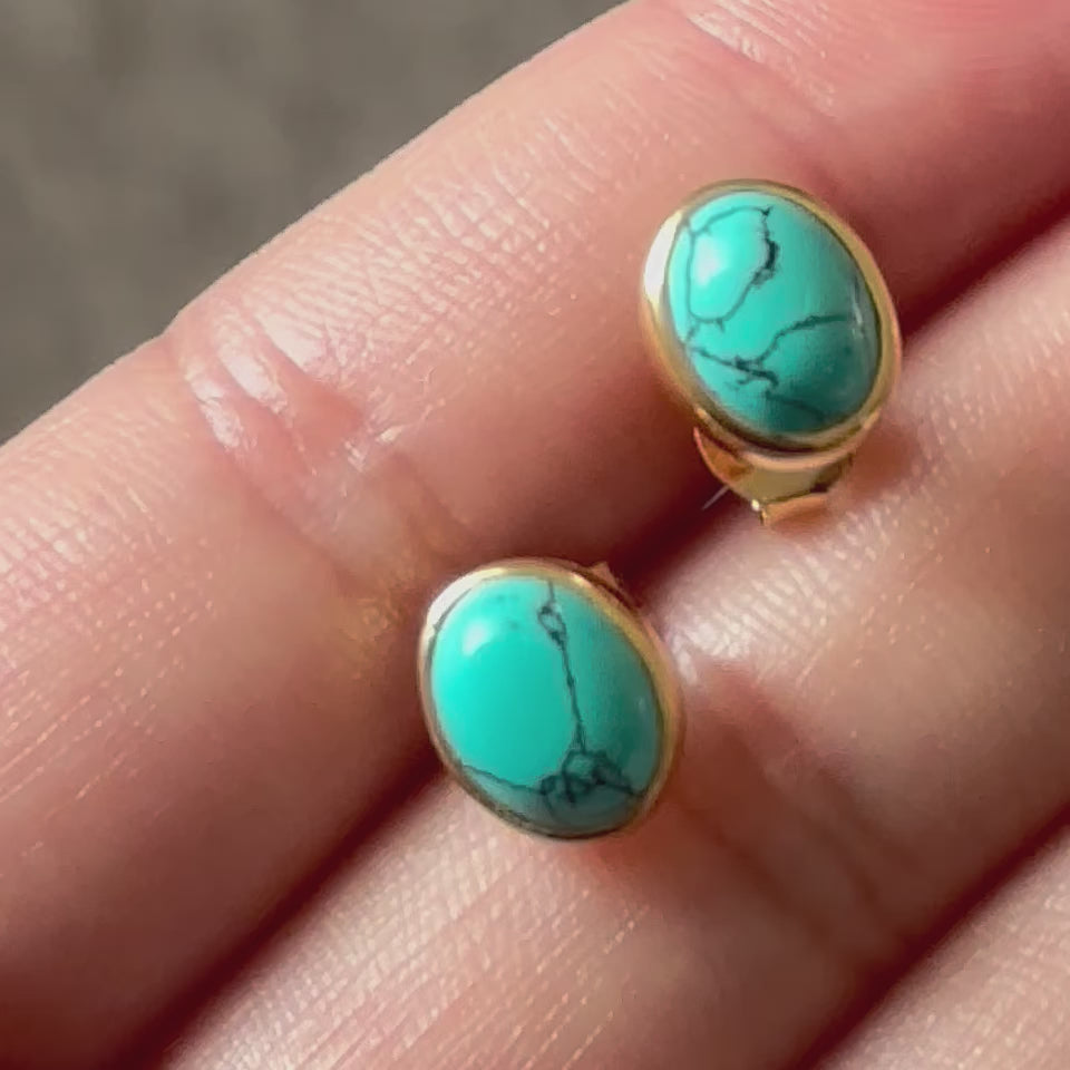 Gold Plated Sterling Silver Oval Stud Earrings with Cabochon Cut Turquoise Gemstone