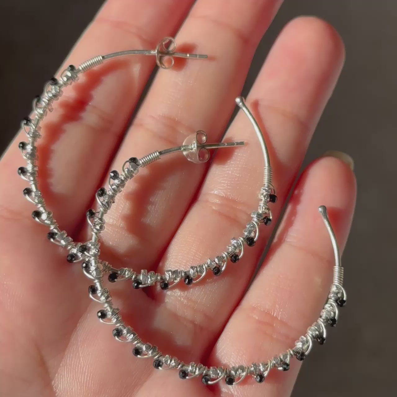 Large Hoop Earrings in Sterling Silver with Black Spinel Gemstone