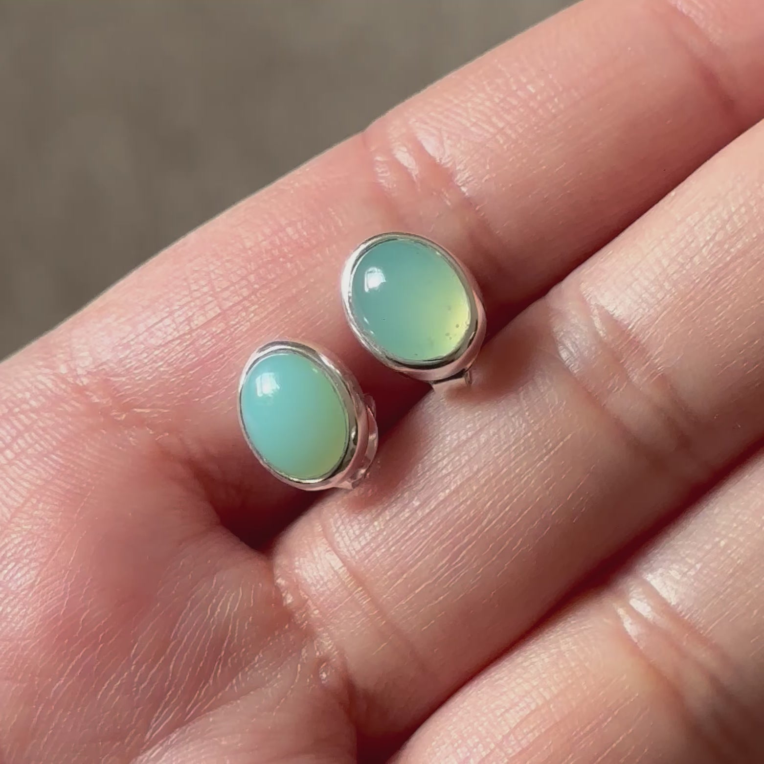 Sterling Silver Oval Stud Earrings with Cabochon Cut Aqua Chalcedony Gemstone - Milina 