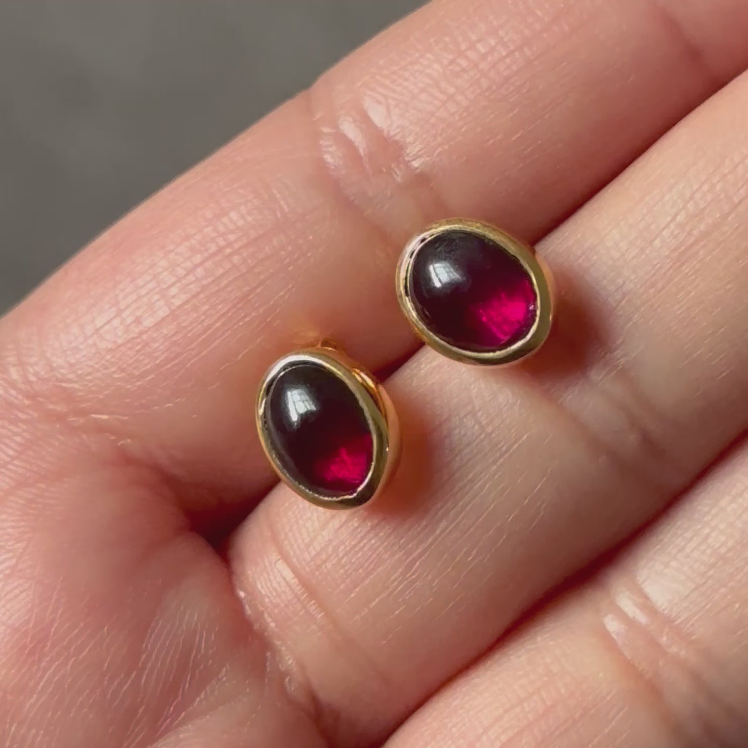 Gold Plated Sterling Silver Oval Stud Earrings with Cabochon Cut Garnet Gemstone - Milina London