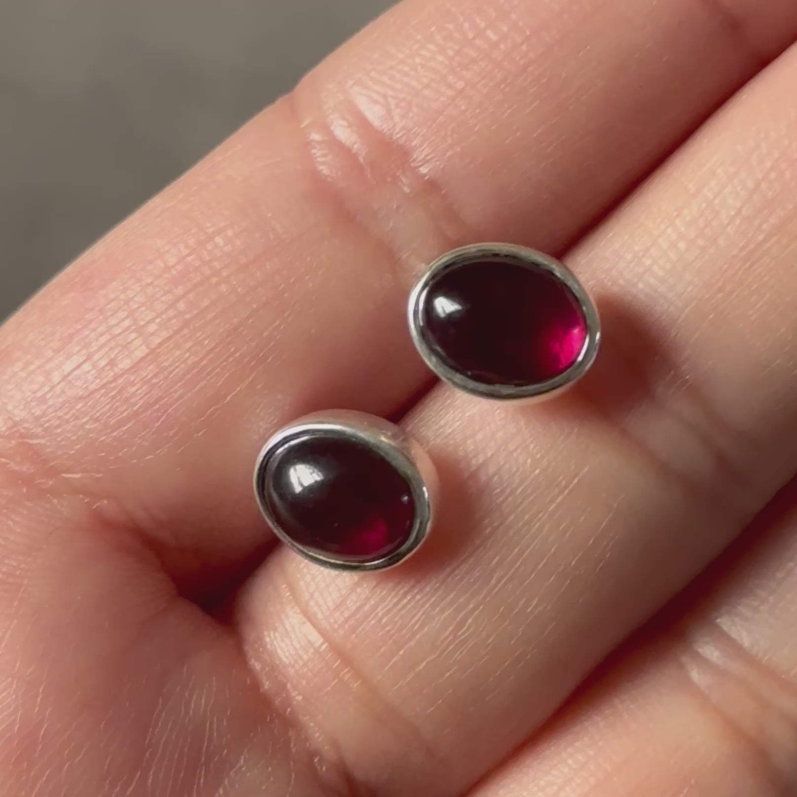 Sterling Silver Oval Stud Earrings with Cabochon Cut Garnet Gemstone - Milina London 