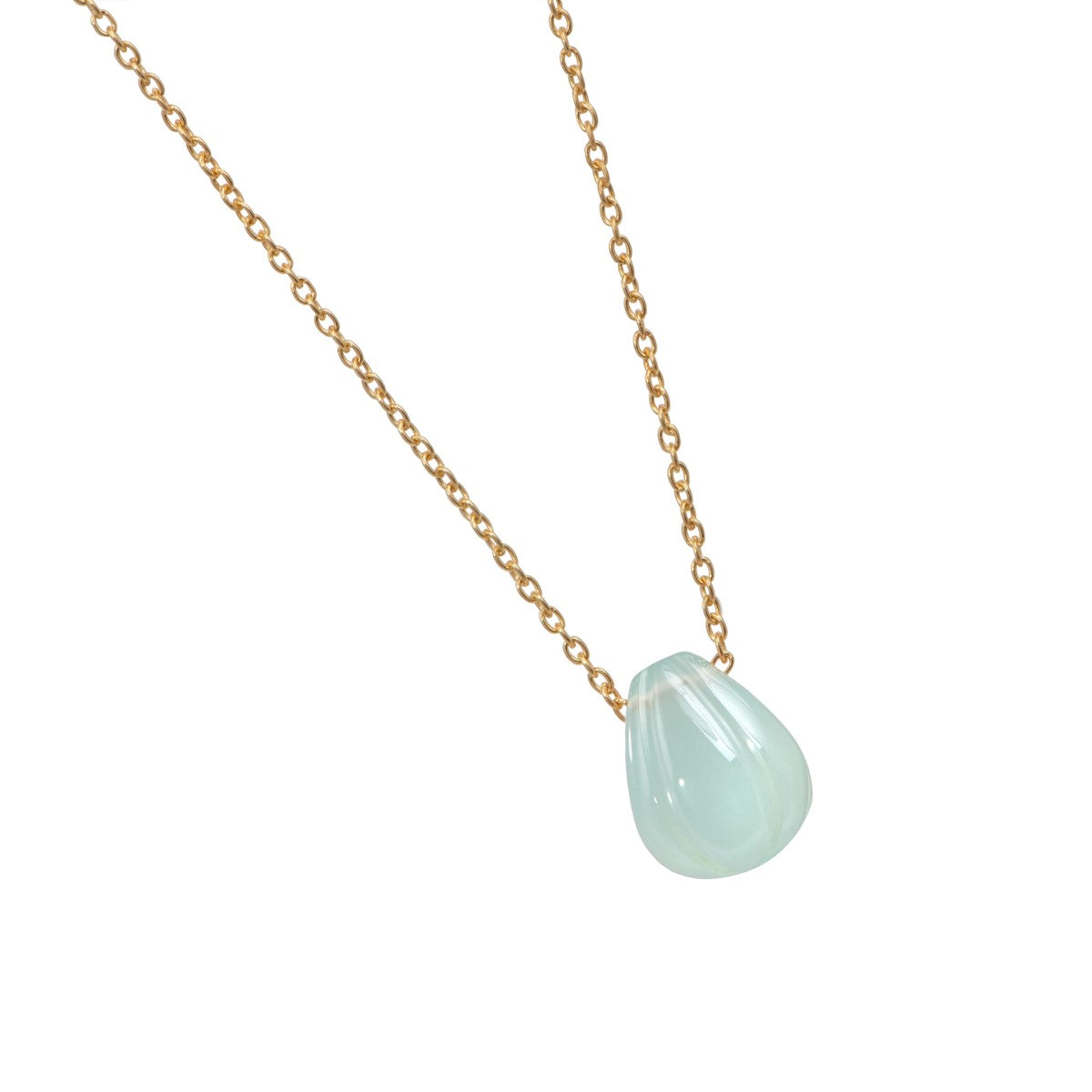 Gold Plated Sterling Silver Necklace with a Carved Aqua Chalcedony Gemstone